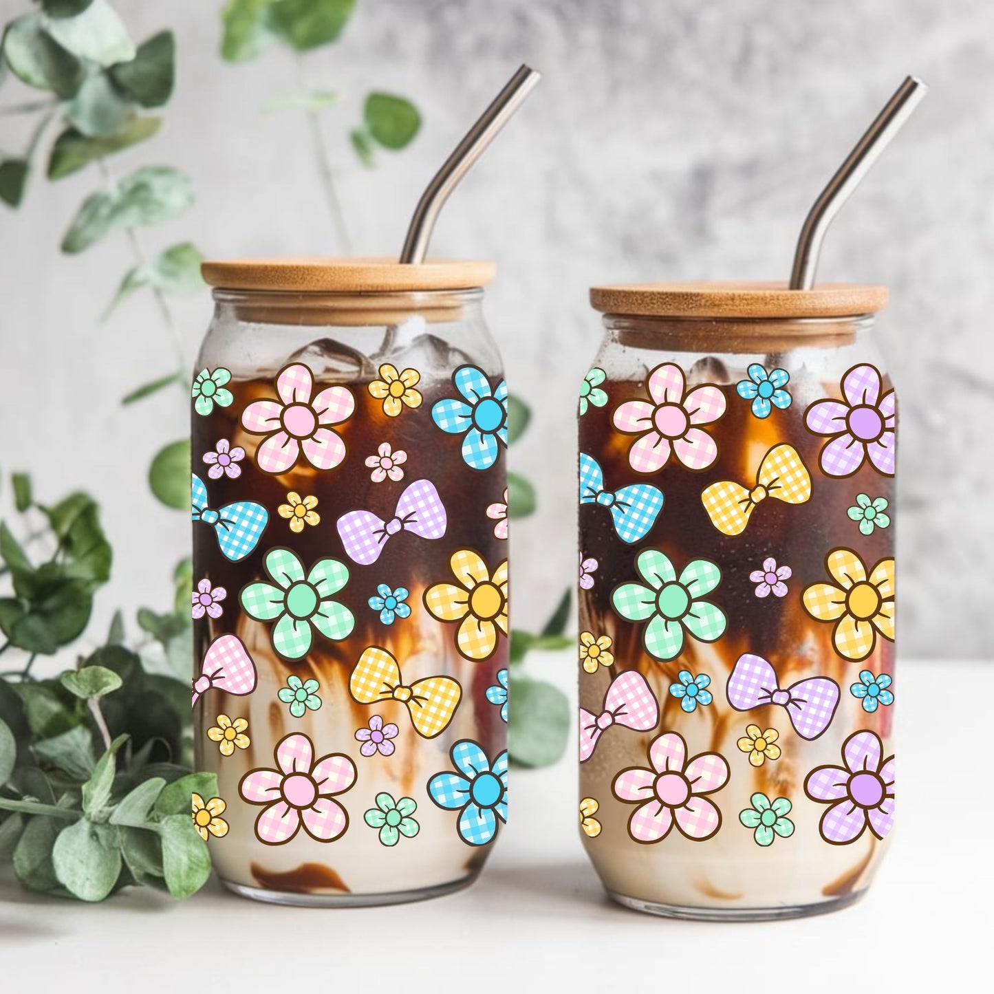 Plaid Daisy Floral Libbey Glass Can Cup Wrap