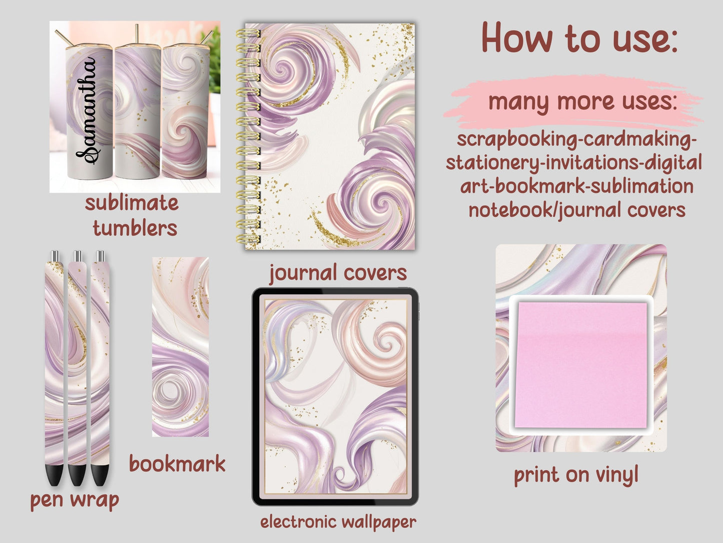Lilac Iridescent Watercolor Swirls Digital Pattern Paper Bundle