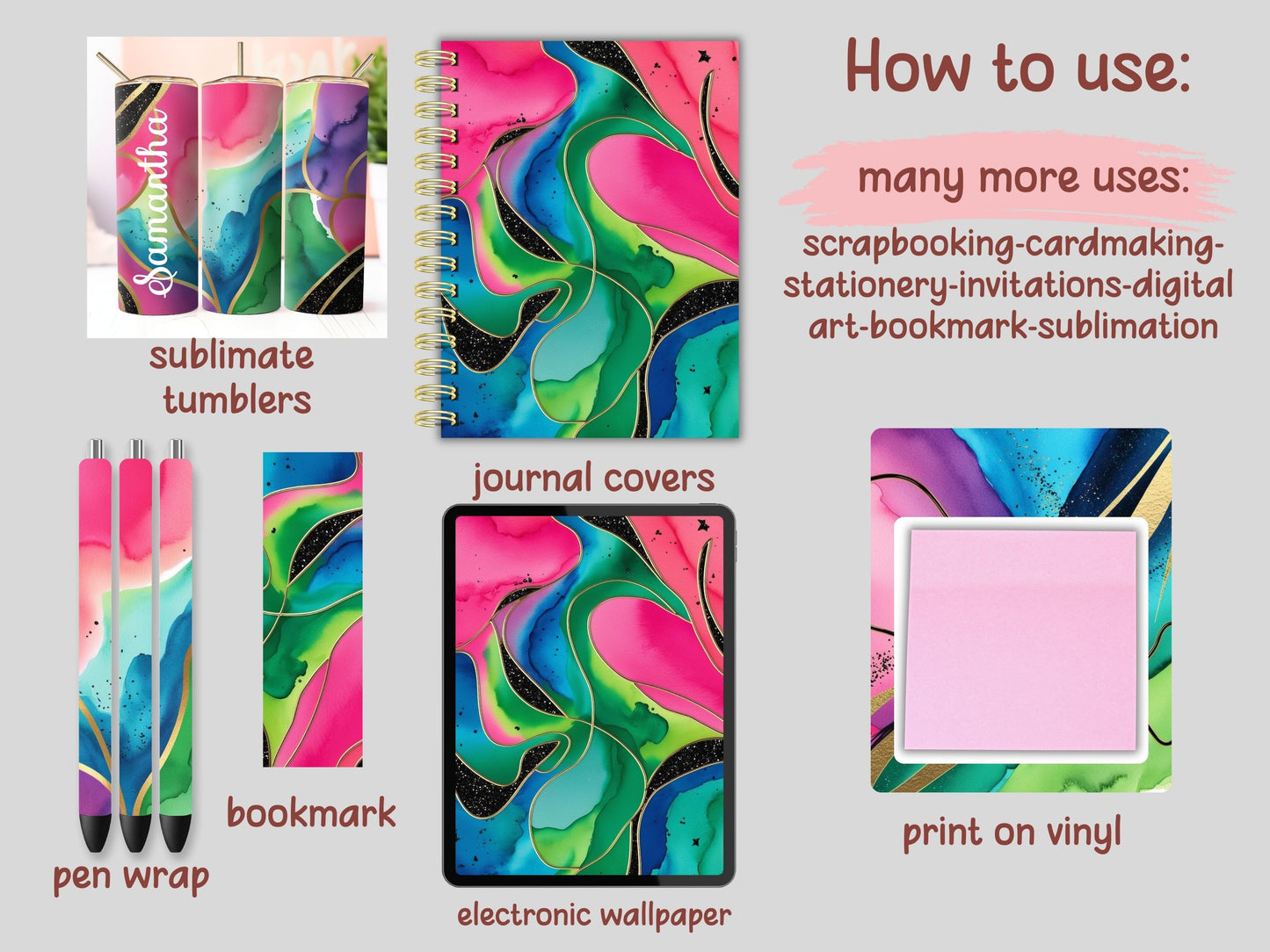 Neon Gradient Watercolor Digital Pattern Paper Bundle