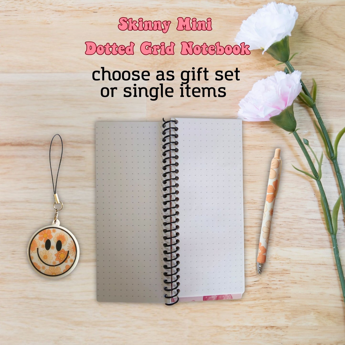 Retro Flowers Skinny Mini Dot Grid Spiral Notebook Gift Set
