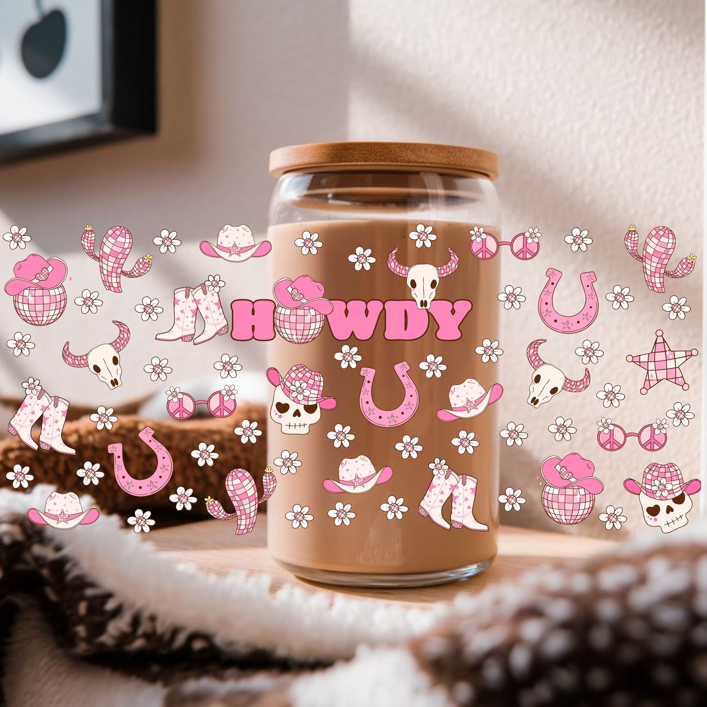 Pink Wester Howdy Libbey Glass Can Cup Wrap