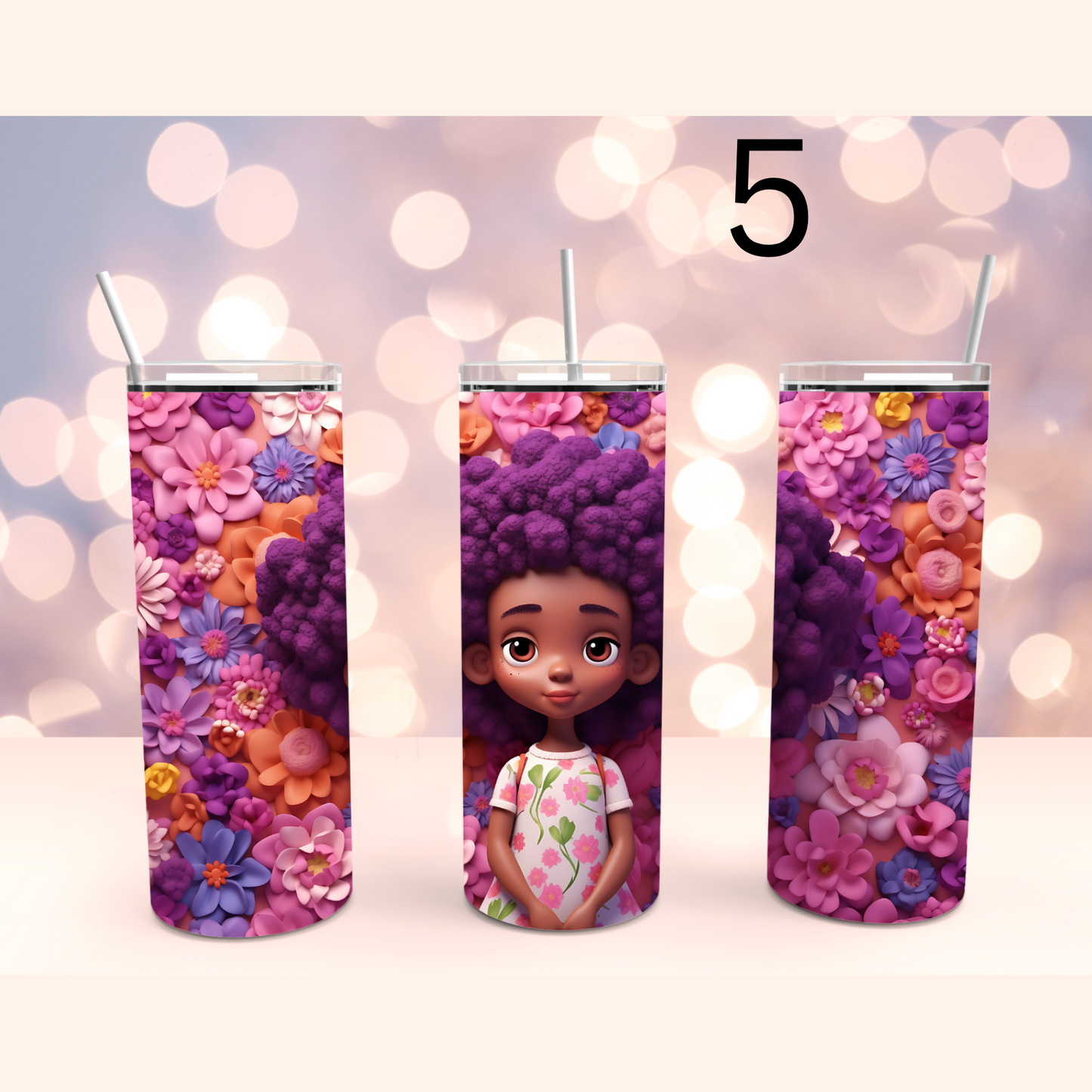 Cute African American Girl 3D Floral Stainless Steel Tumbler Cup