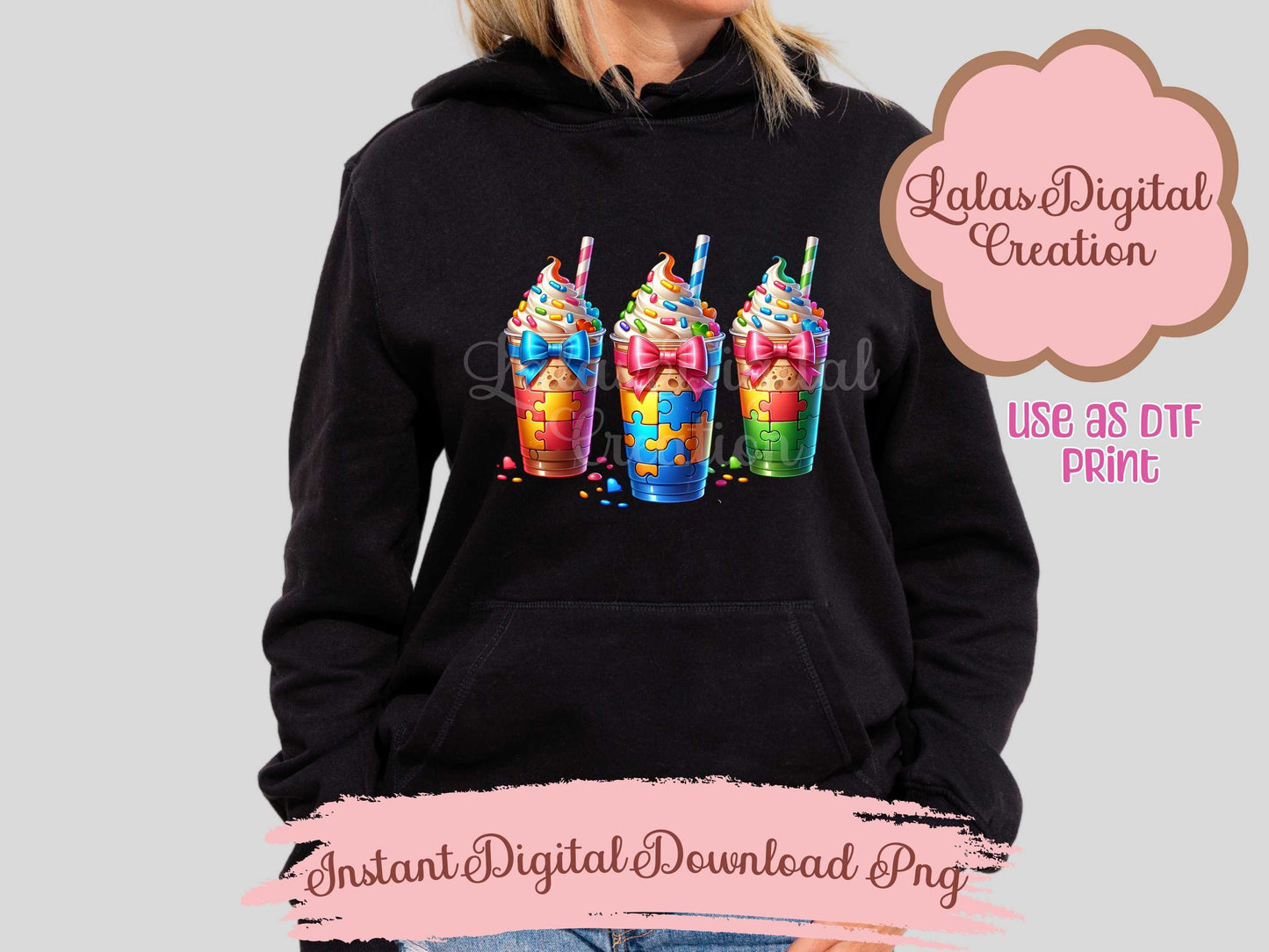 Autism Puzzle Iced Coffee Drink Coquette Bow Bundle Clipart PNG Instant Digital Download