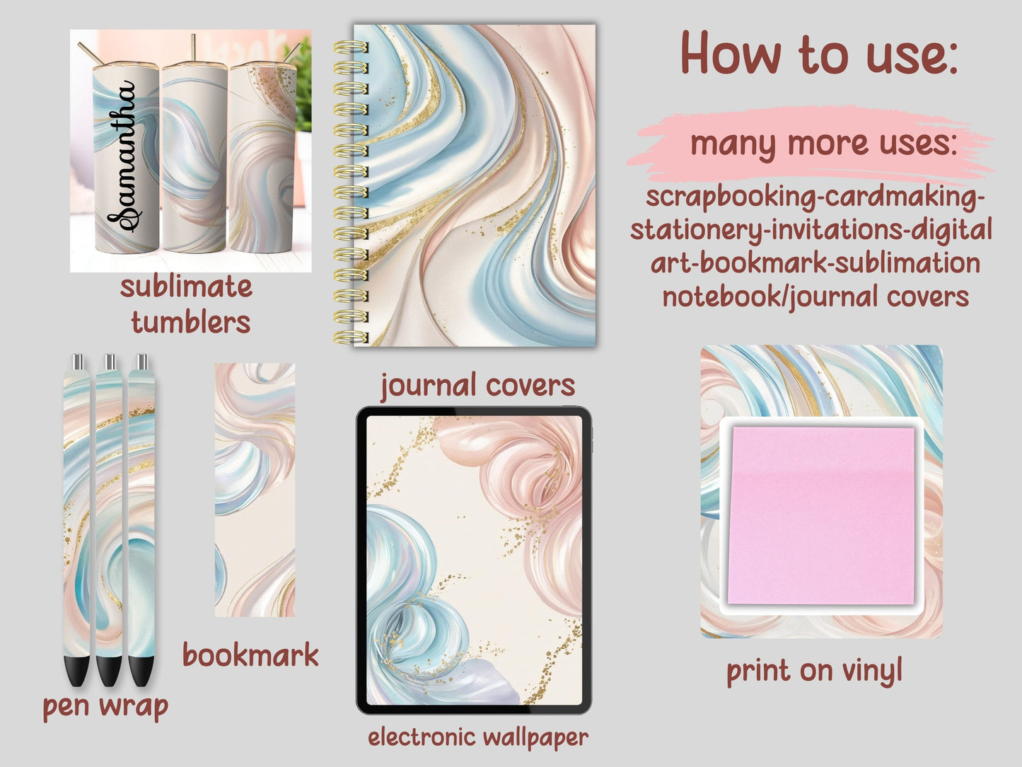 Blush Iridescent Watercolor Swirls Digital Pattern Paper Bundle