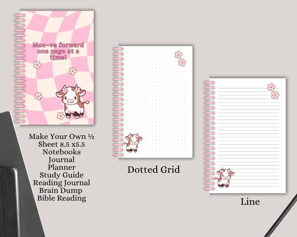 Pink Highland Cow Digital Lined & Dotted Grid Notebook PDF