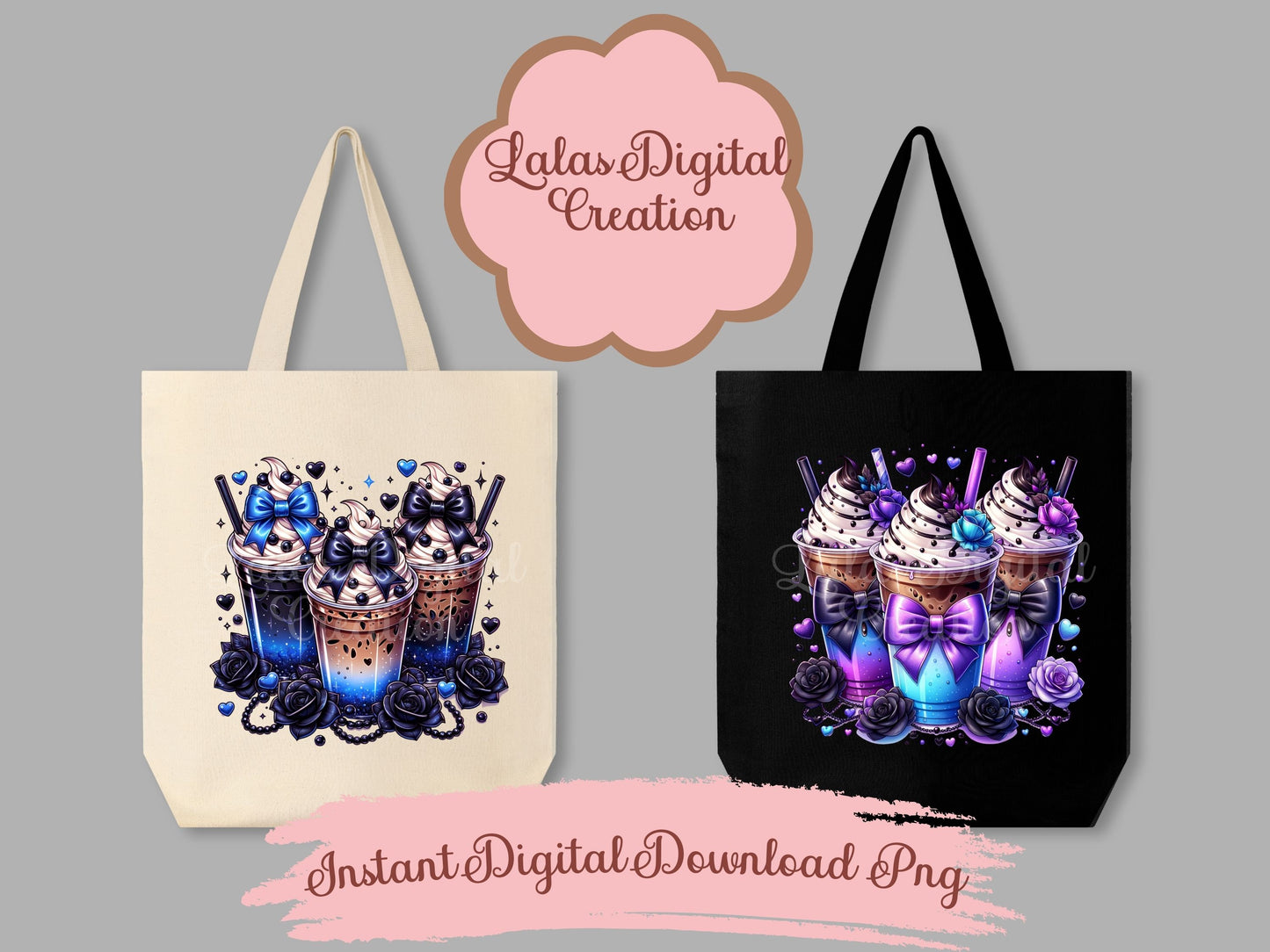 Cute Goth Coquette Bow Coffee Iced Drink Clipart Bundle Instant Digital PNG Download