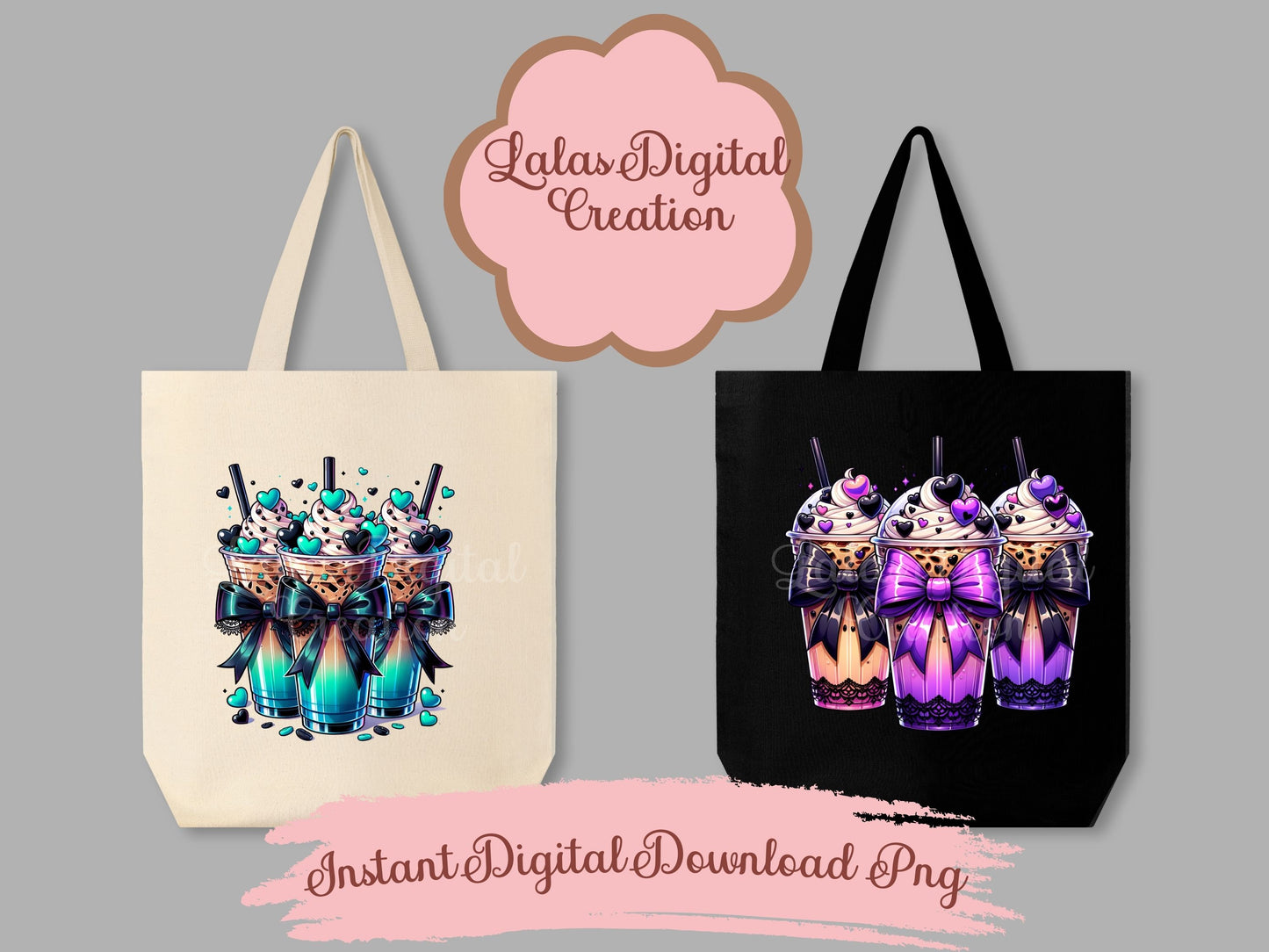 Goth Lace Bow Iced Coffee Drink Clipart Bundle Instant Digital PNG Download