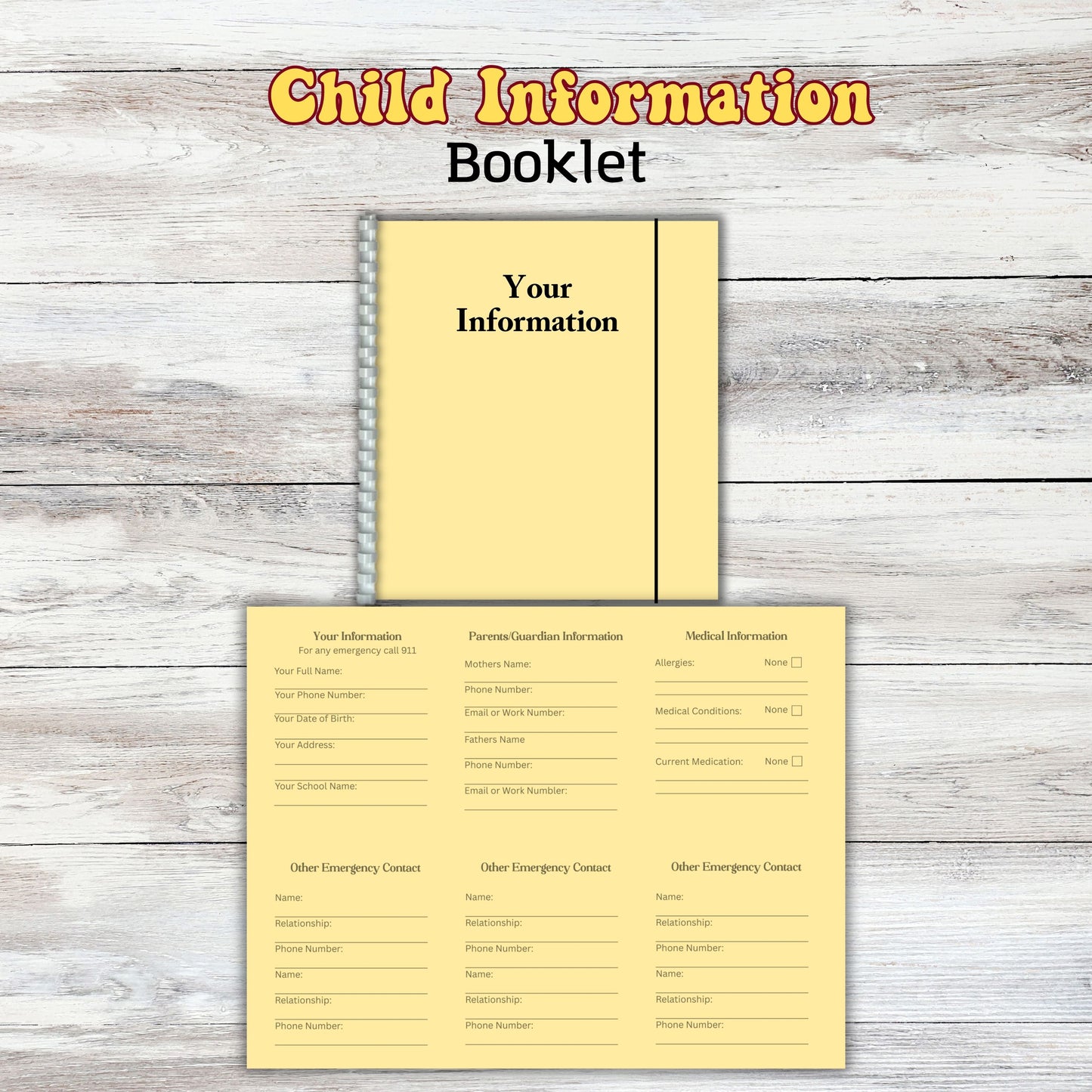 Child Emergency Information Booklet Notebook