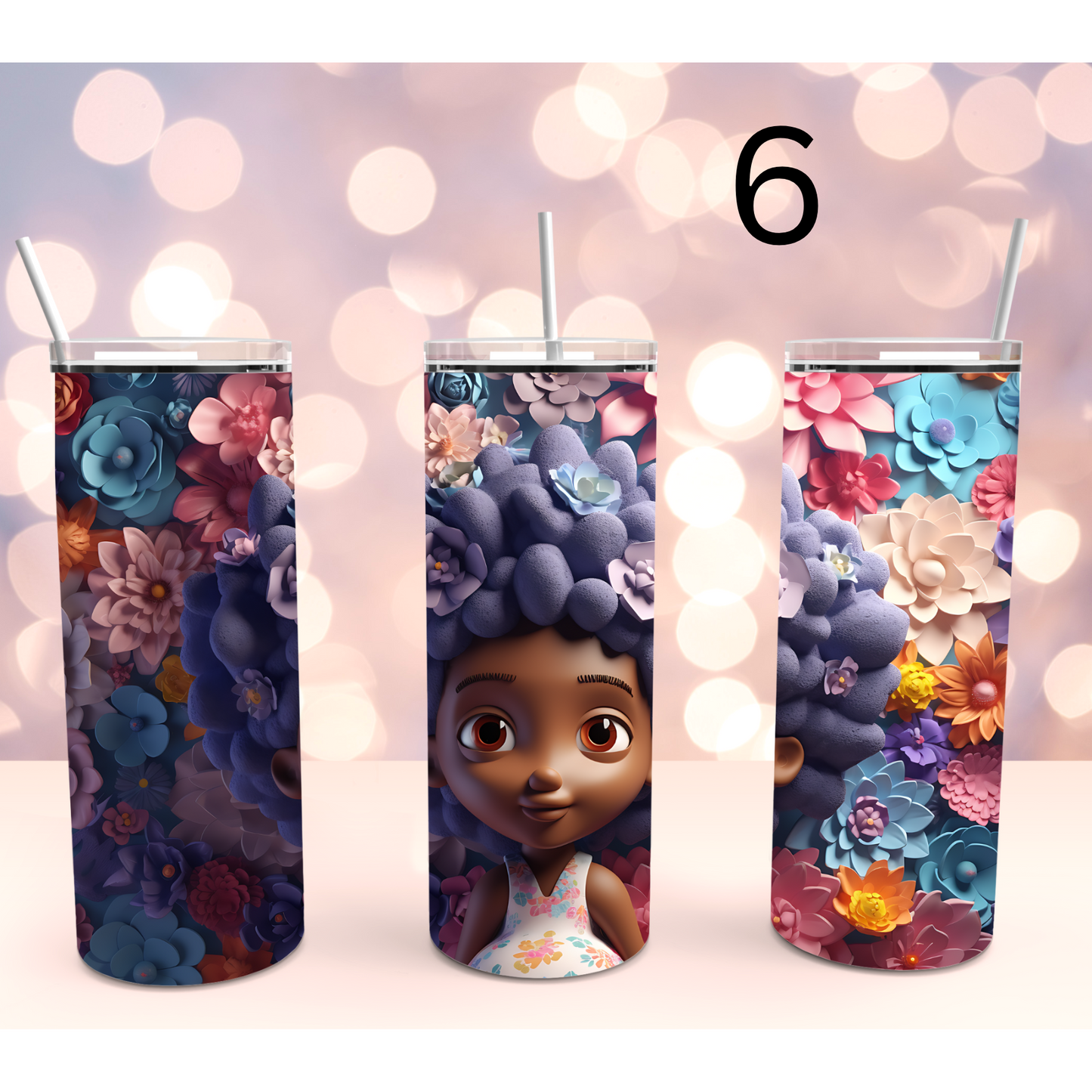 Cute African American Girl 3D Floral Stainless Steel Tumbler Cup