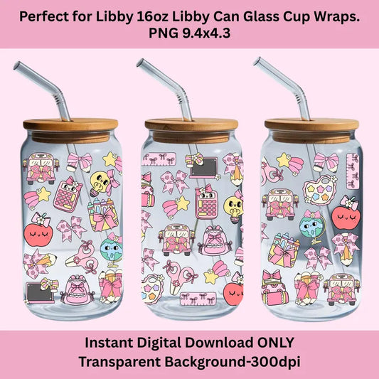 Back to School Teacher Libbey Glass Can Cup Wrap