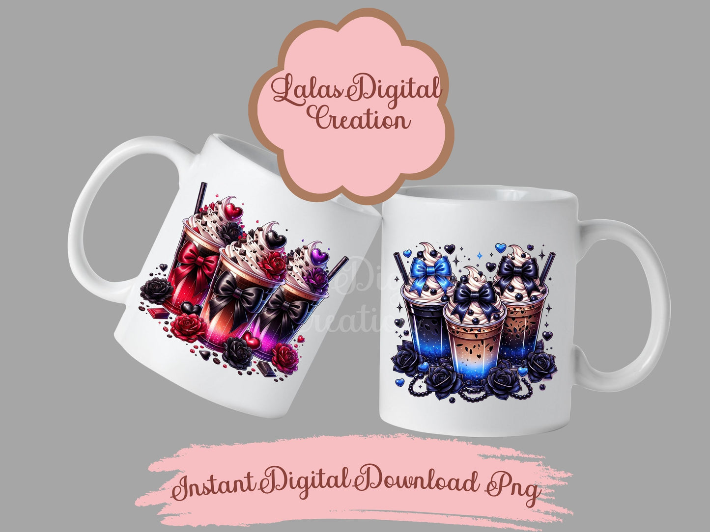 Cute Goth Coquette Bow Coffee Iced Drink Clipart Bundle Instant Digital PNG Download