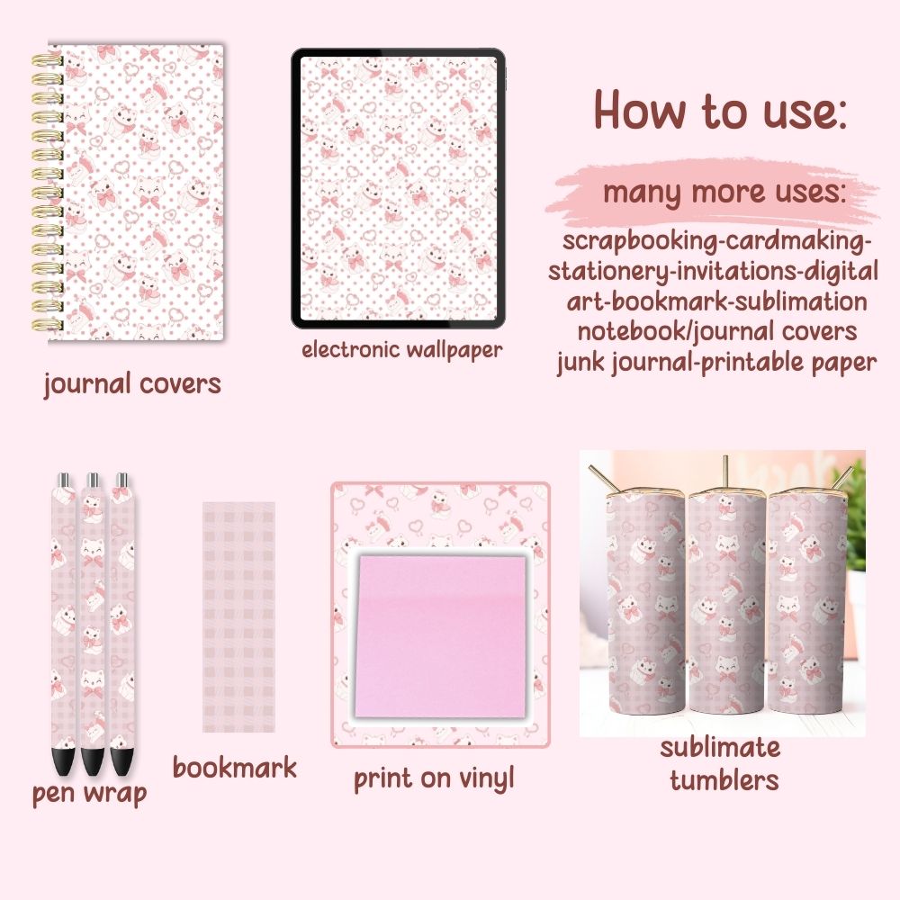 Coquette Preppy Cat Seamless Digital Pattern Paper Set