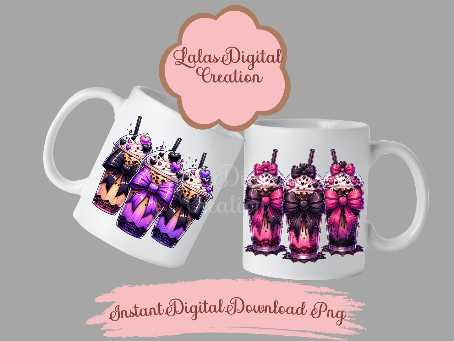 Goth Lace Bow Iced Coffee Drink Clipart Bundle Instant Digital PNG Download