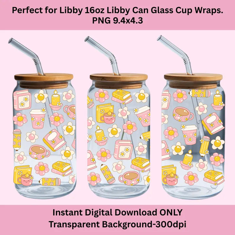 Groovy Book & Coffee Libbey Glass Can Cup Wrap