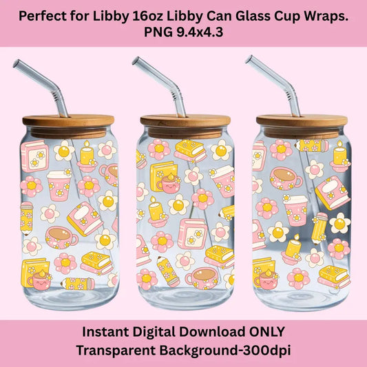 Groovy Book & Coffee Libbey Glass Can Cup Wrap