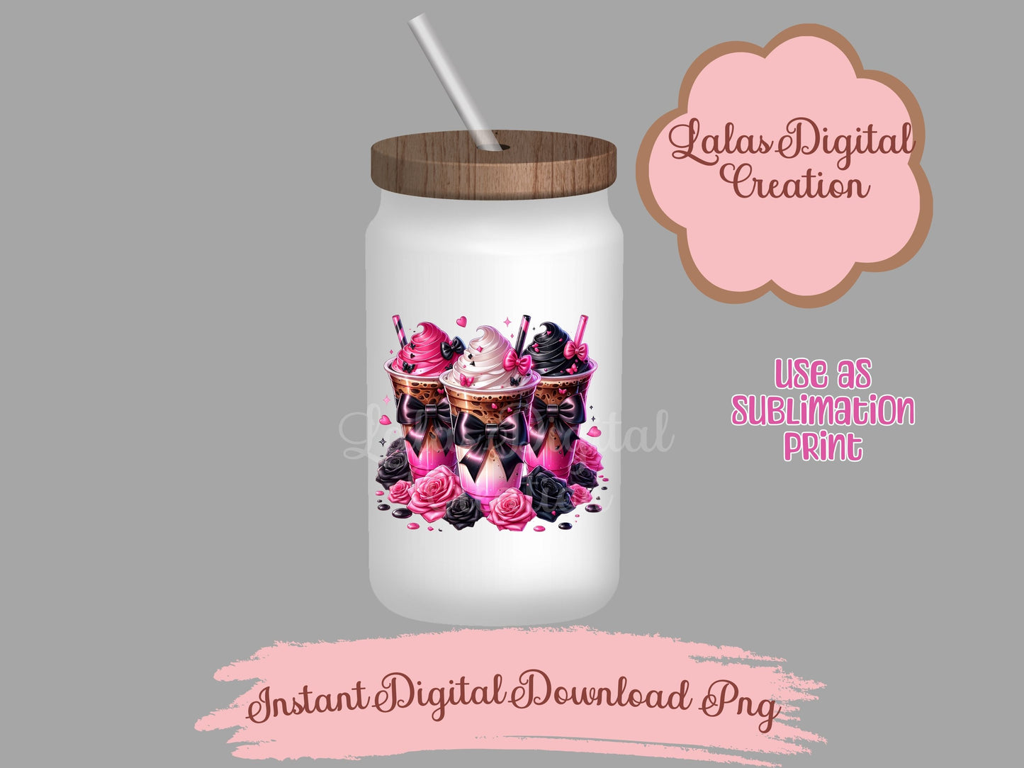 Cute Goth Coquette Bow Coffee Iced Drink Clipart Bundle Instant Digital PNG Download