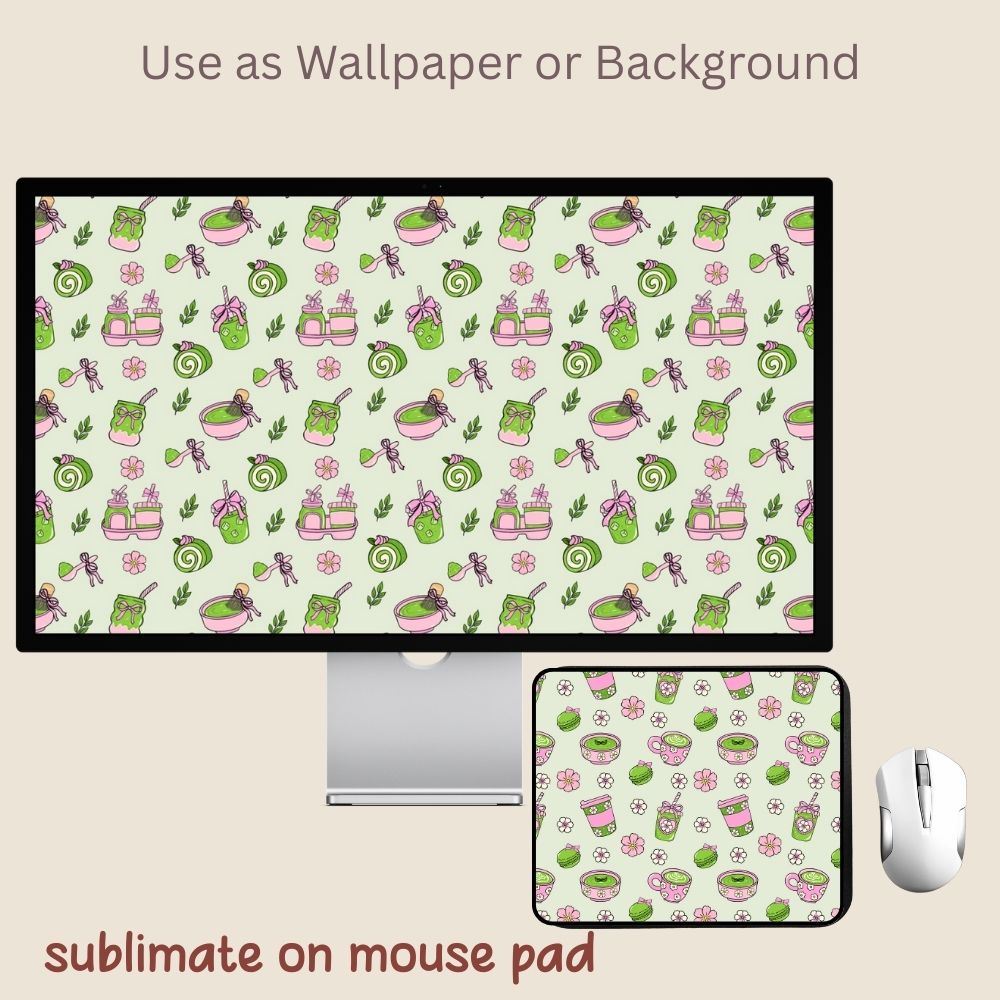 Pink Green Matcha Tea Seamless Repeating Pattern Paper Bundle Set