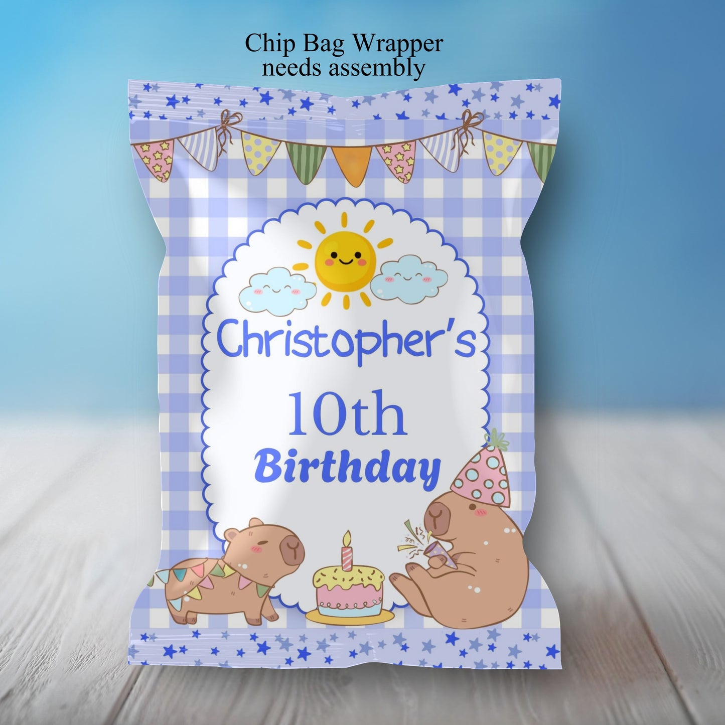 Blue Capybara Birthday Party Sticker Labels