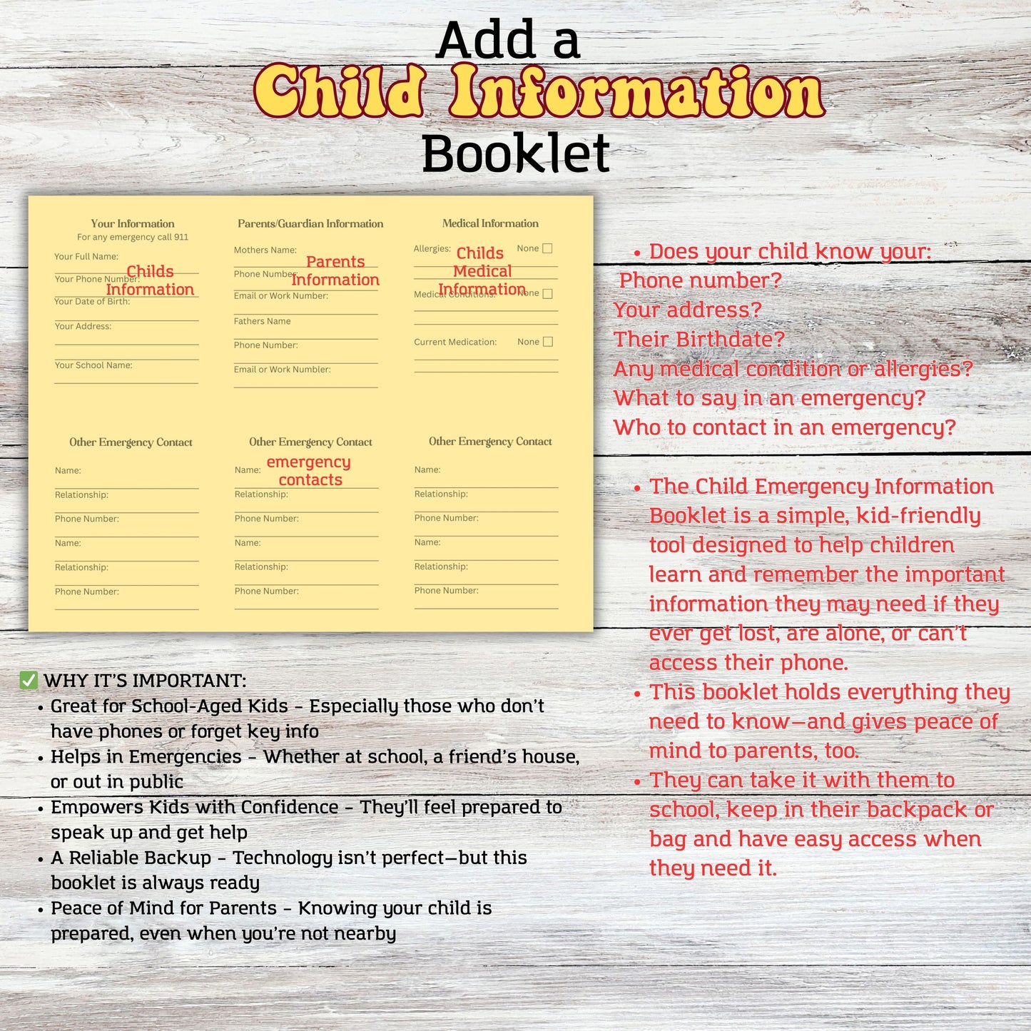 Child Emergency Information Booklet Notebook