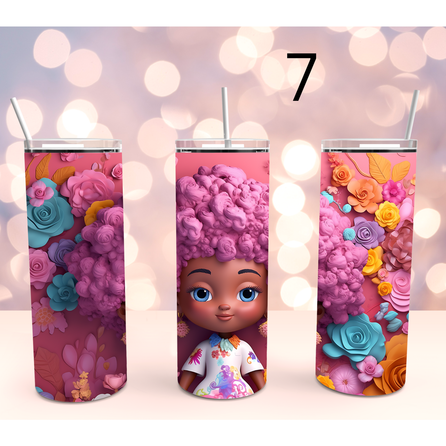 Cute African American Girl 3D Floral Stainless Steel Tumbler Cup