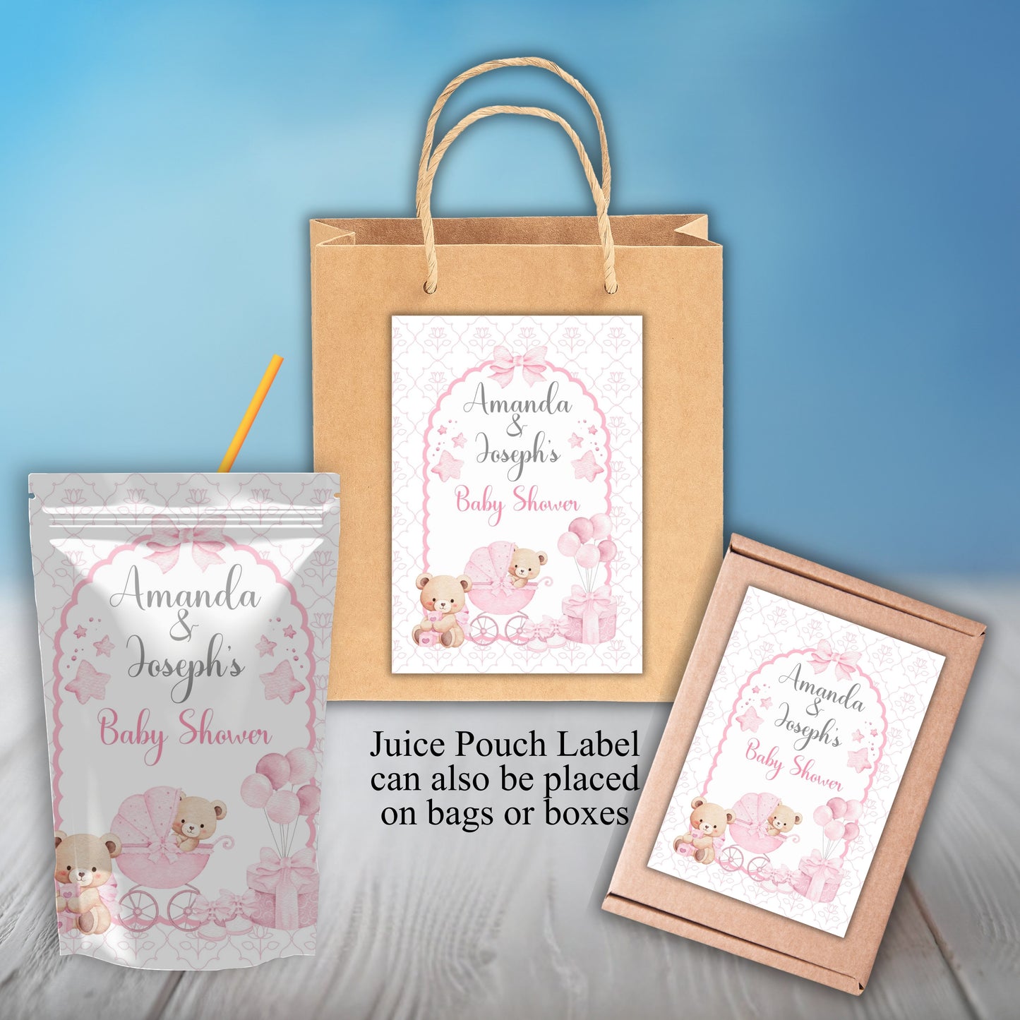 Pink Bear Girls Baby Shower Party Sticker Labels