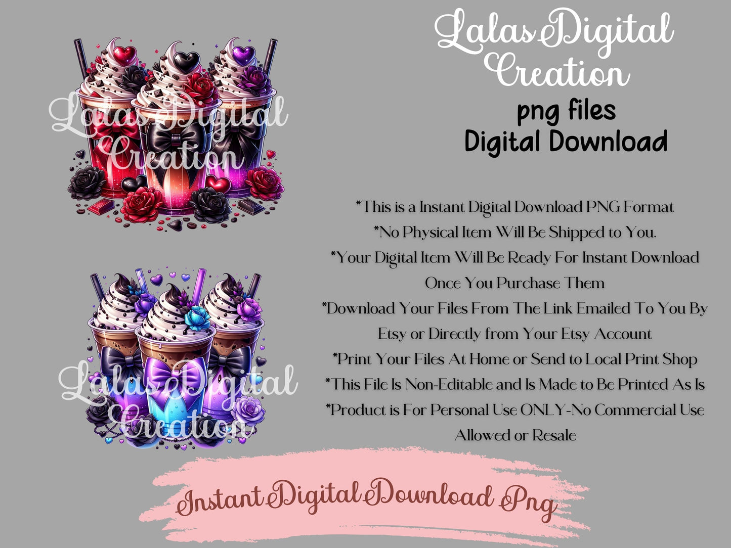 Cute Goth Coquette Bow Coffee Iced Drink Clipart Bundle Instant Digital PNG Download