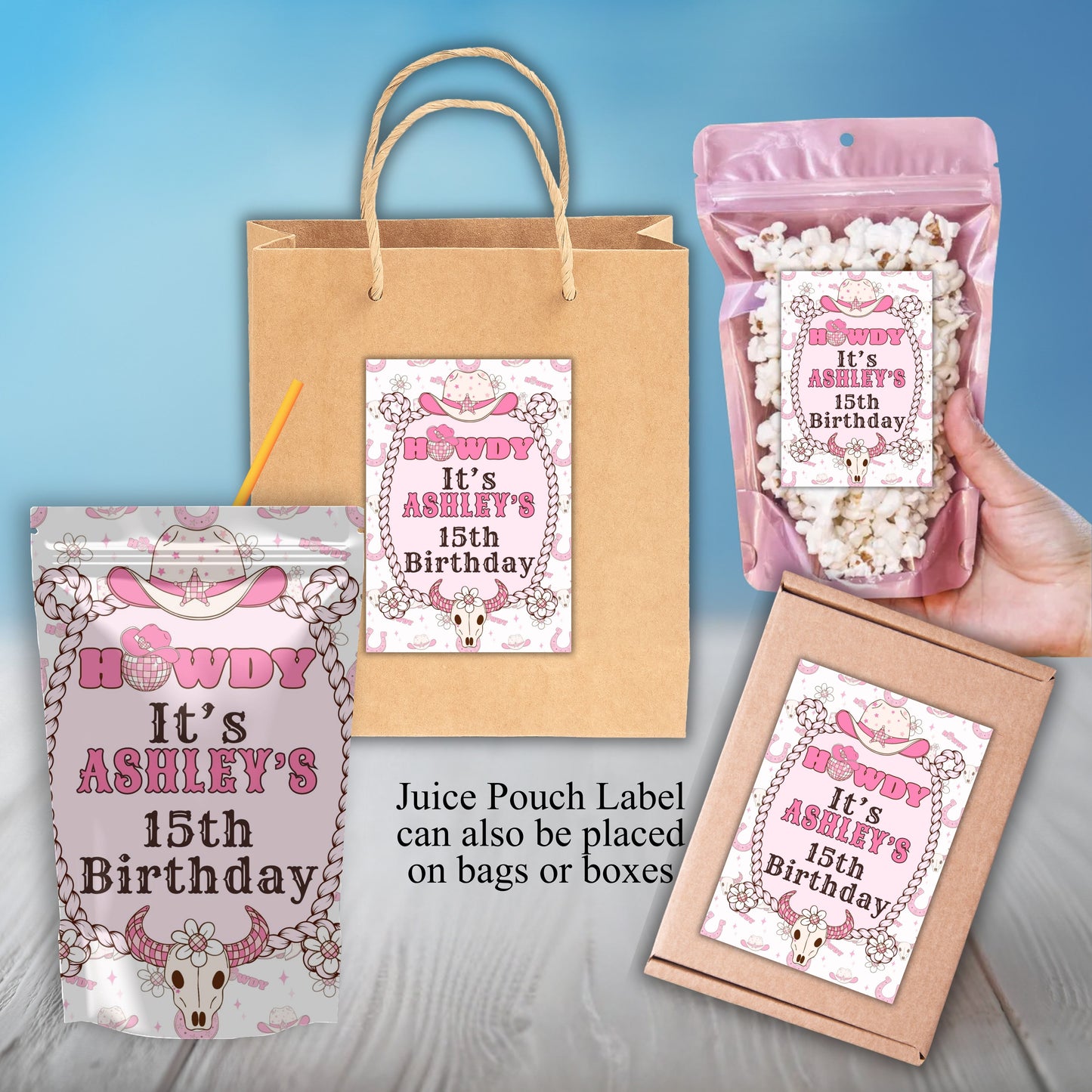 Pink Girl Western Birthday Party Sticker labels