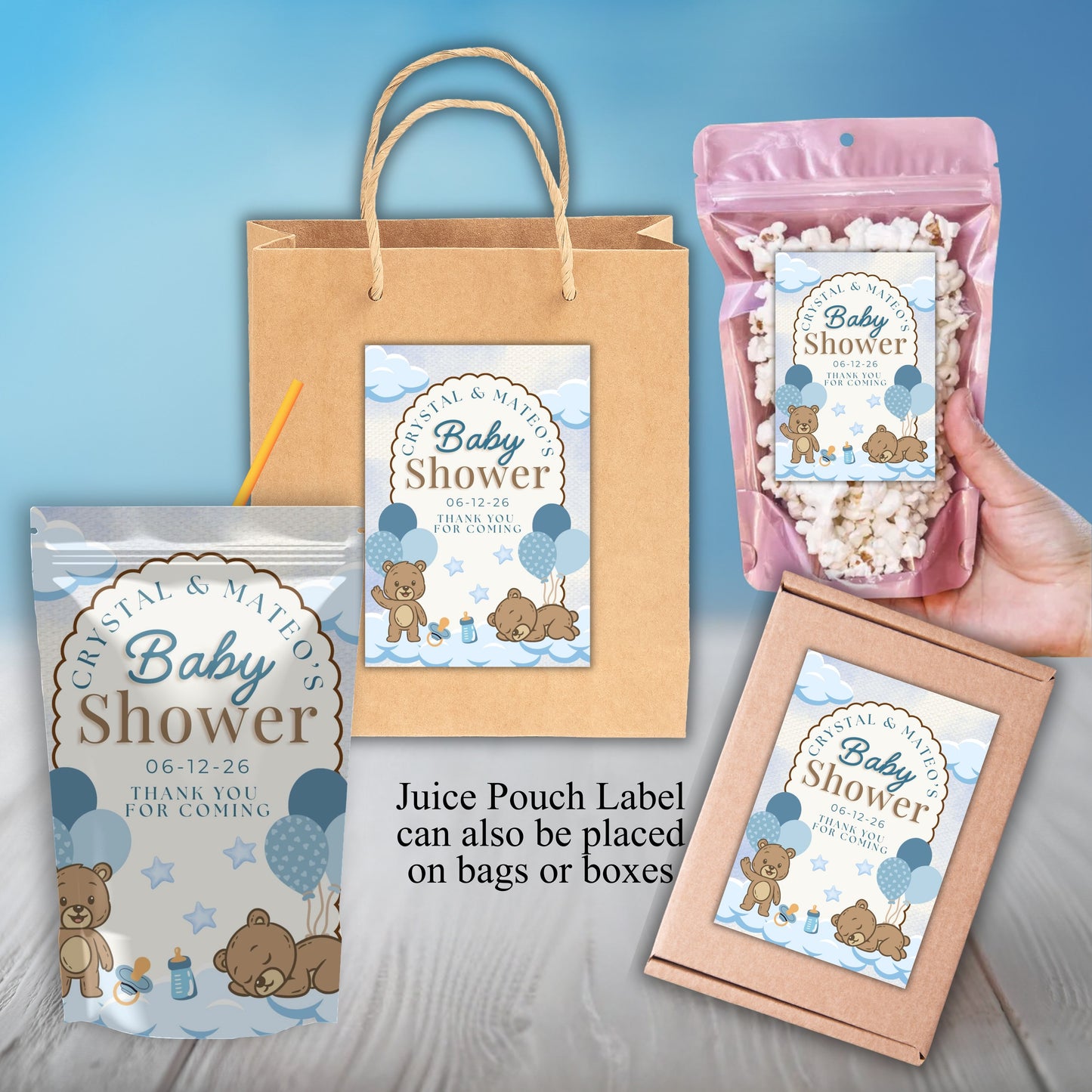 Blue Bear Baby Shower Party Sticker Labels