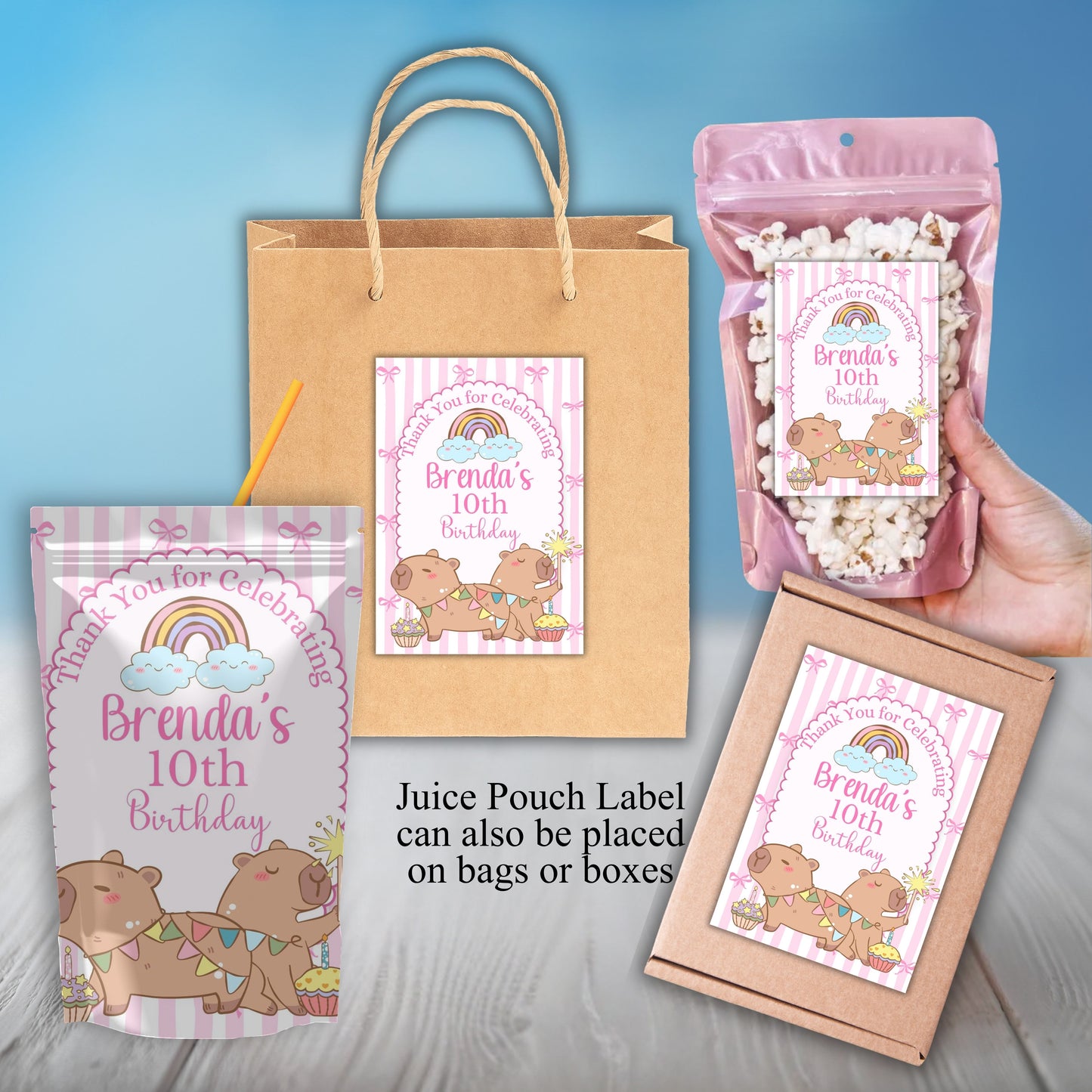 Pink Capybara Birthday Party Sticker Labels
