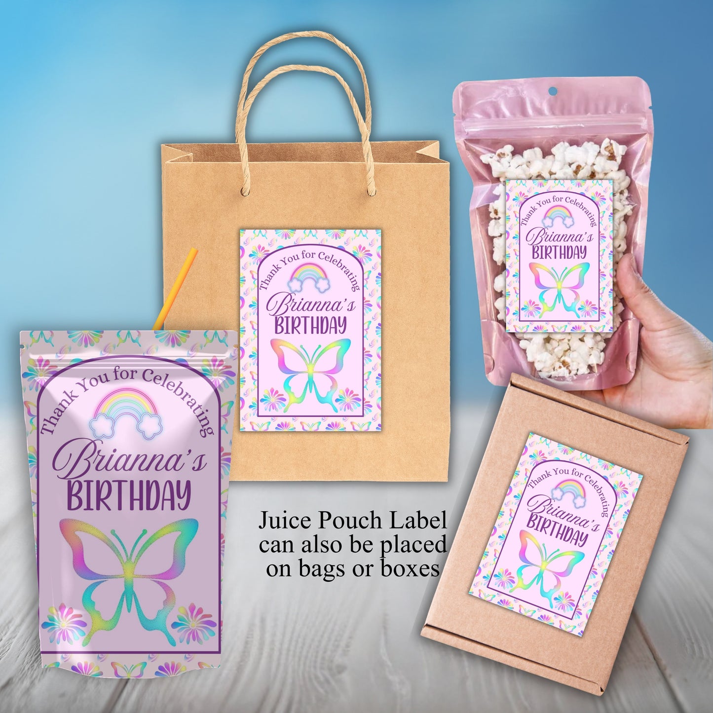 Rainbow Butterfly Girls Party Sticker Labels