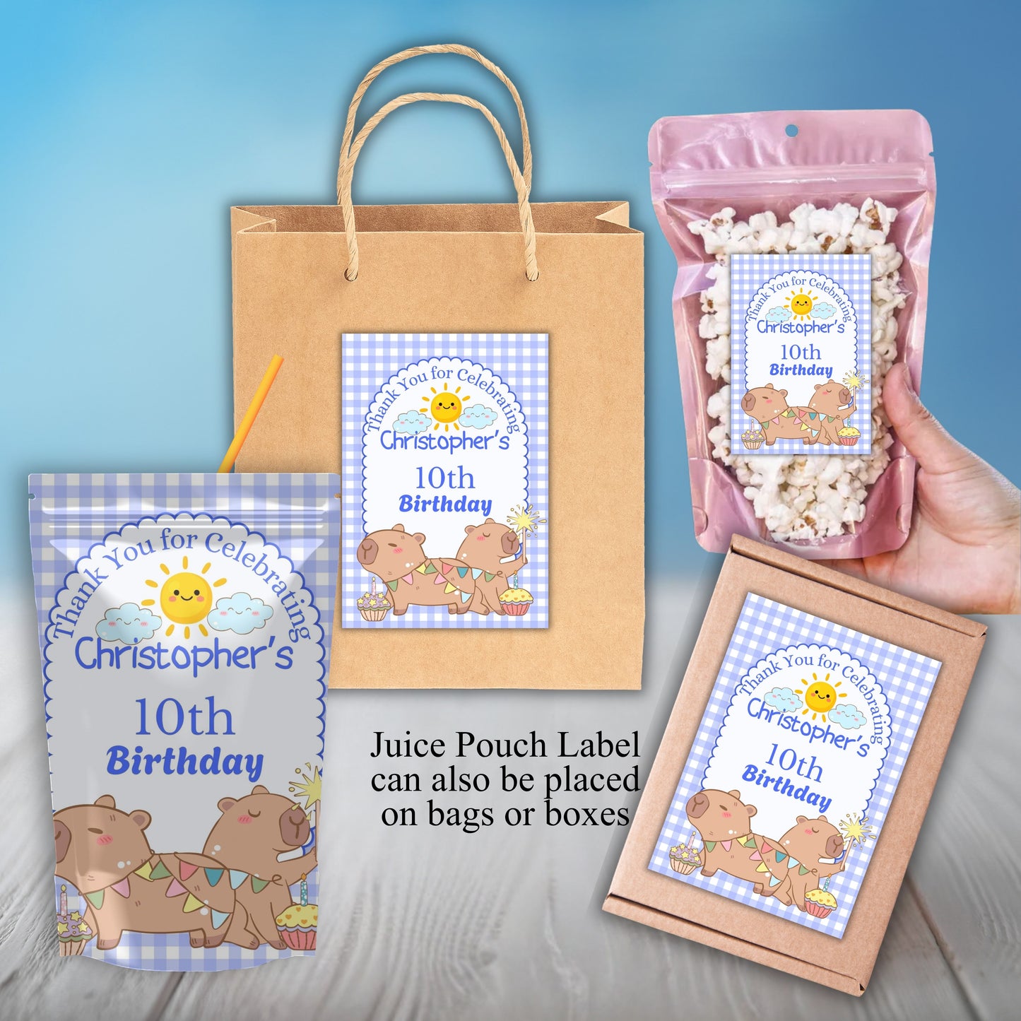 Blue Capybara Birthday Party Sticker Labels