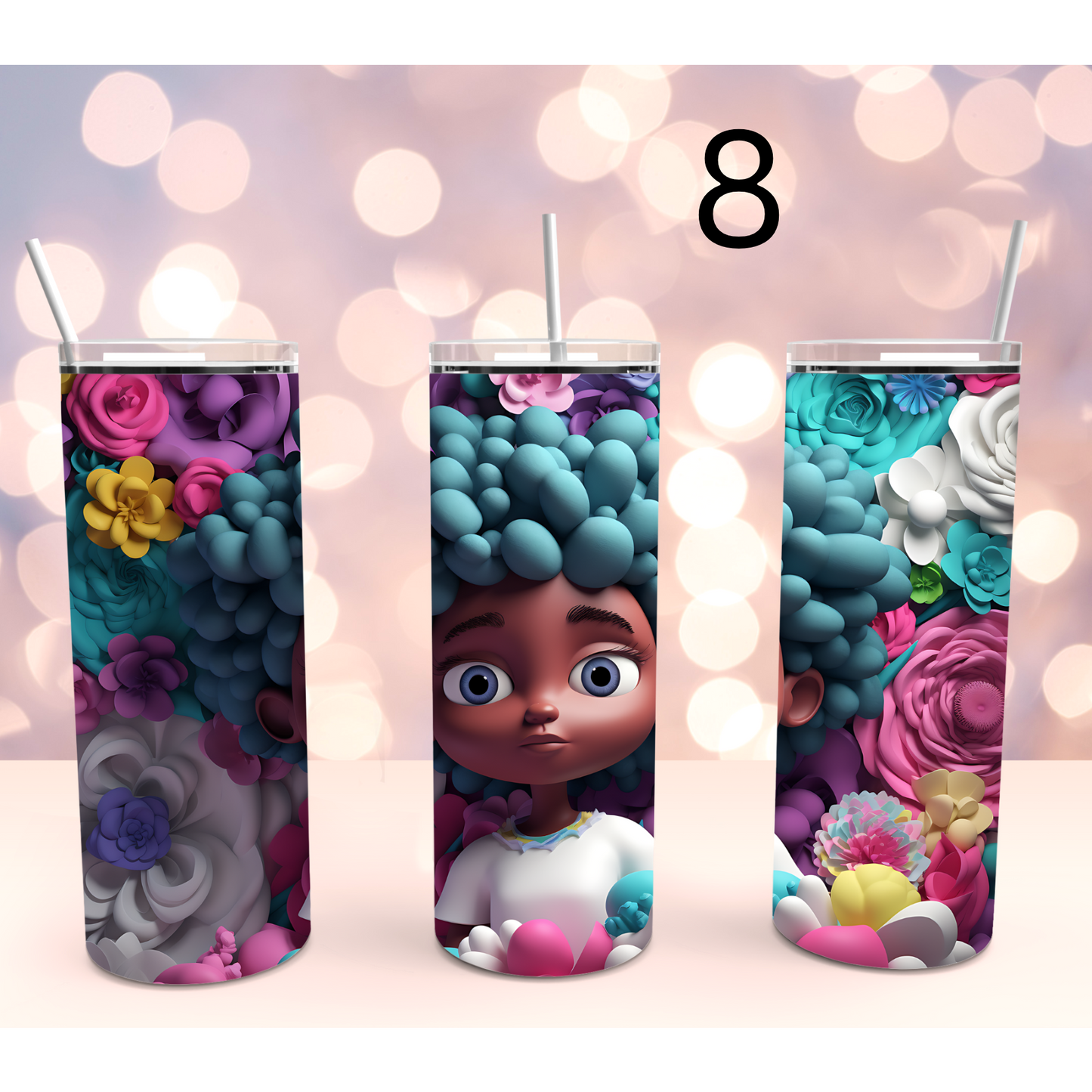 Cute African American Girl 3D Floral Stainless Steel Tumbler Cup