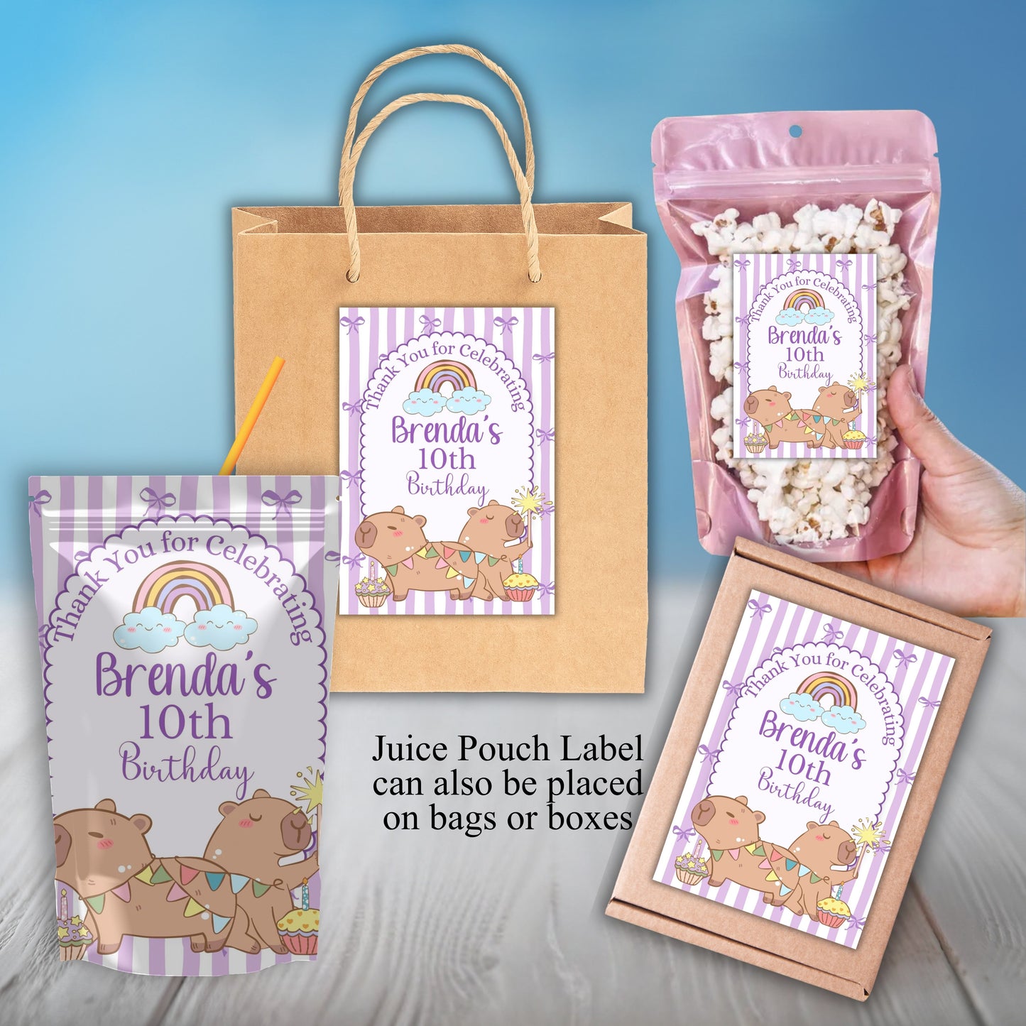 Purple Capybara Birthday Party Sticker Labels