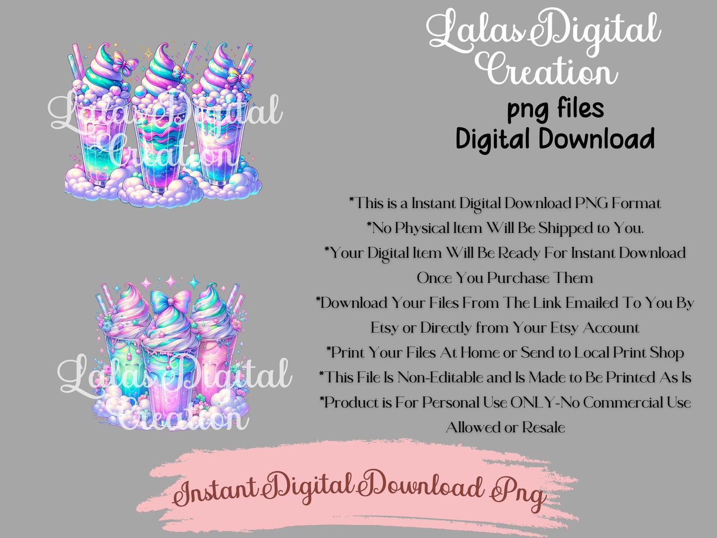 Holographic Swirl Iced Drink Clipart Bundle Instant Digital PNG Download