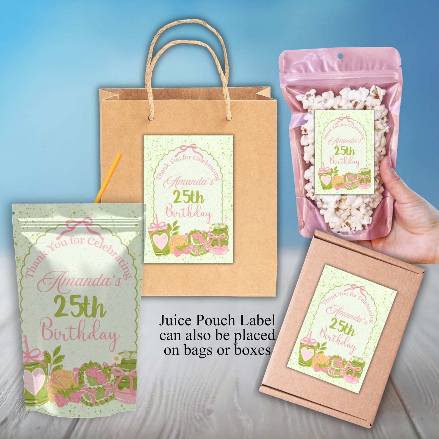 Green Matcha Girls Party Sticker Labels