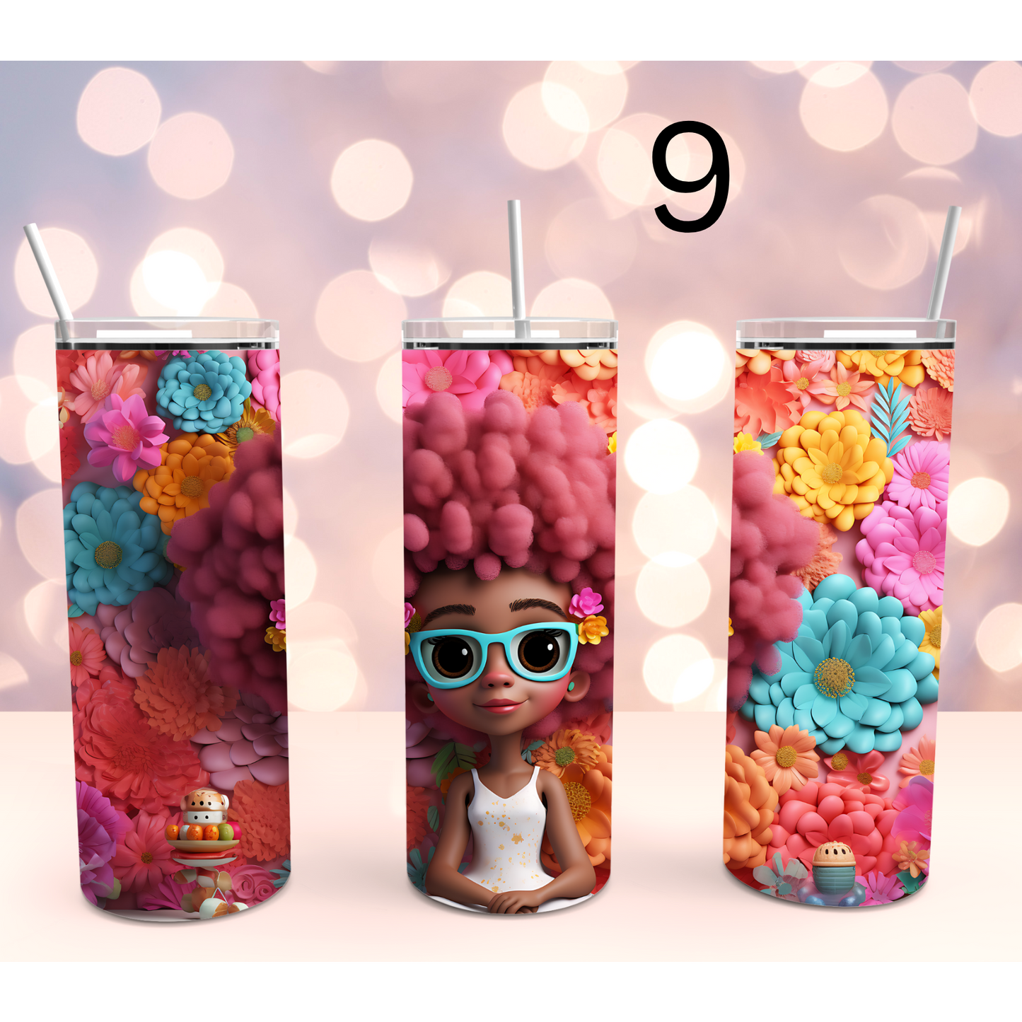 Cute African American Girl 3D Floral Stainless Steel Tumbler Cup