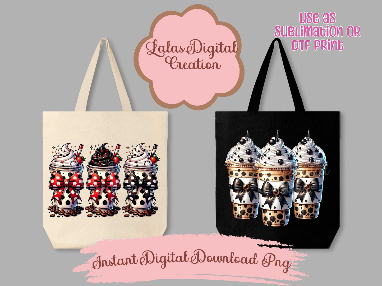 Polka Dot Iced Coffee Drink Coquette Bow Bundle Clipart PNG Instant Digital Download