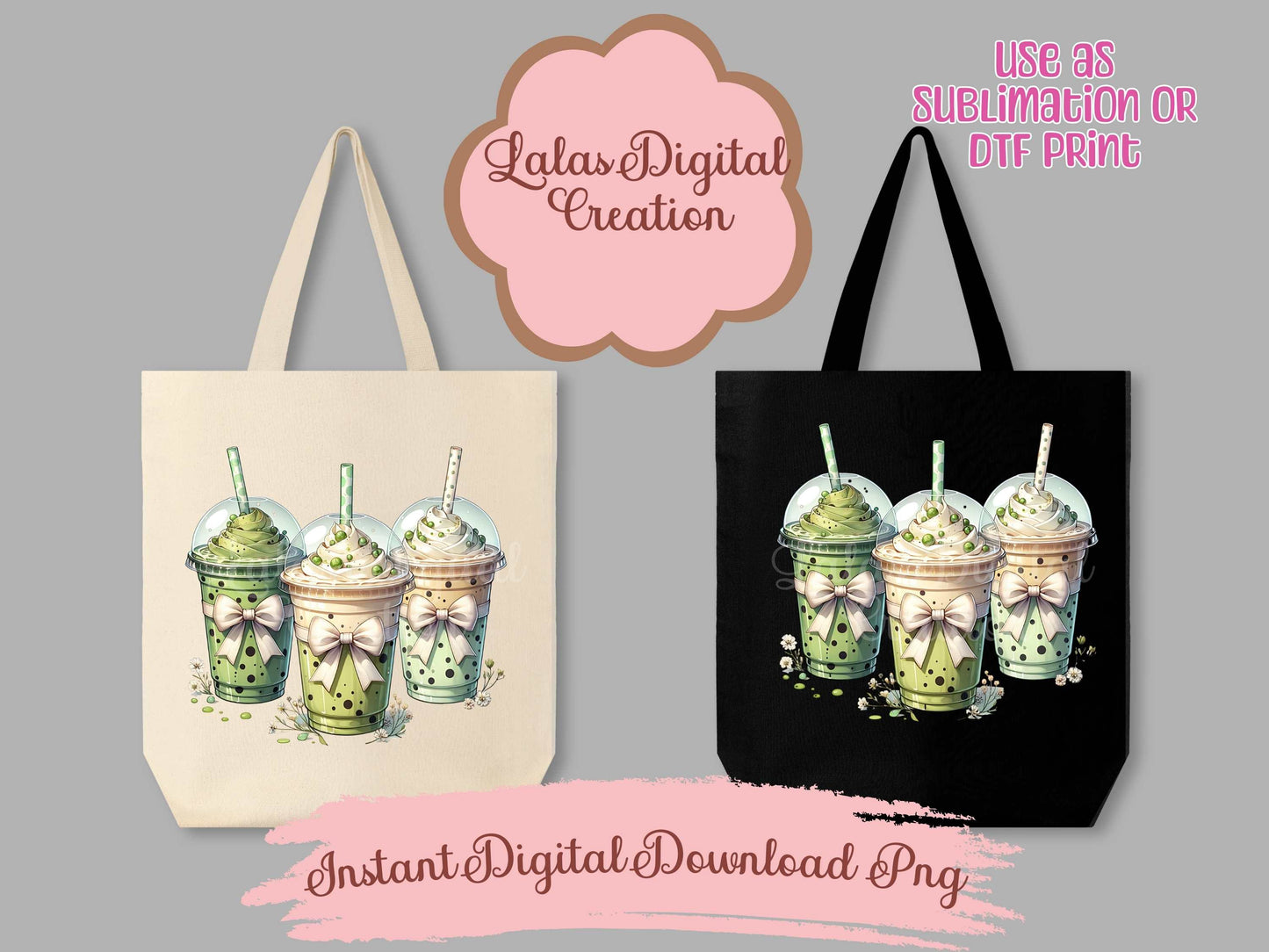 Green Iced Coffee Drink Coquette Bow Clipart PNG Instant Digital Download