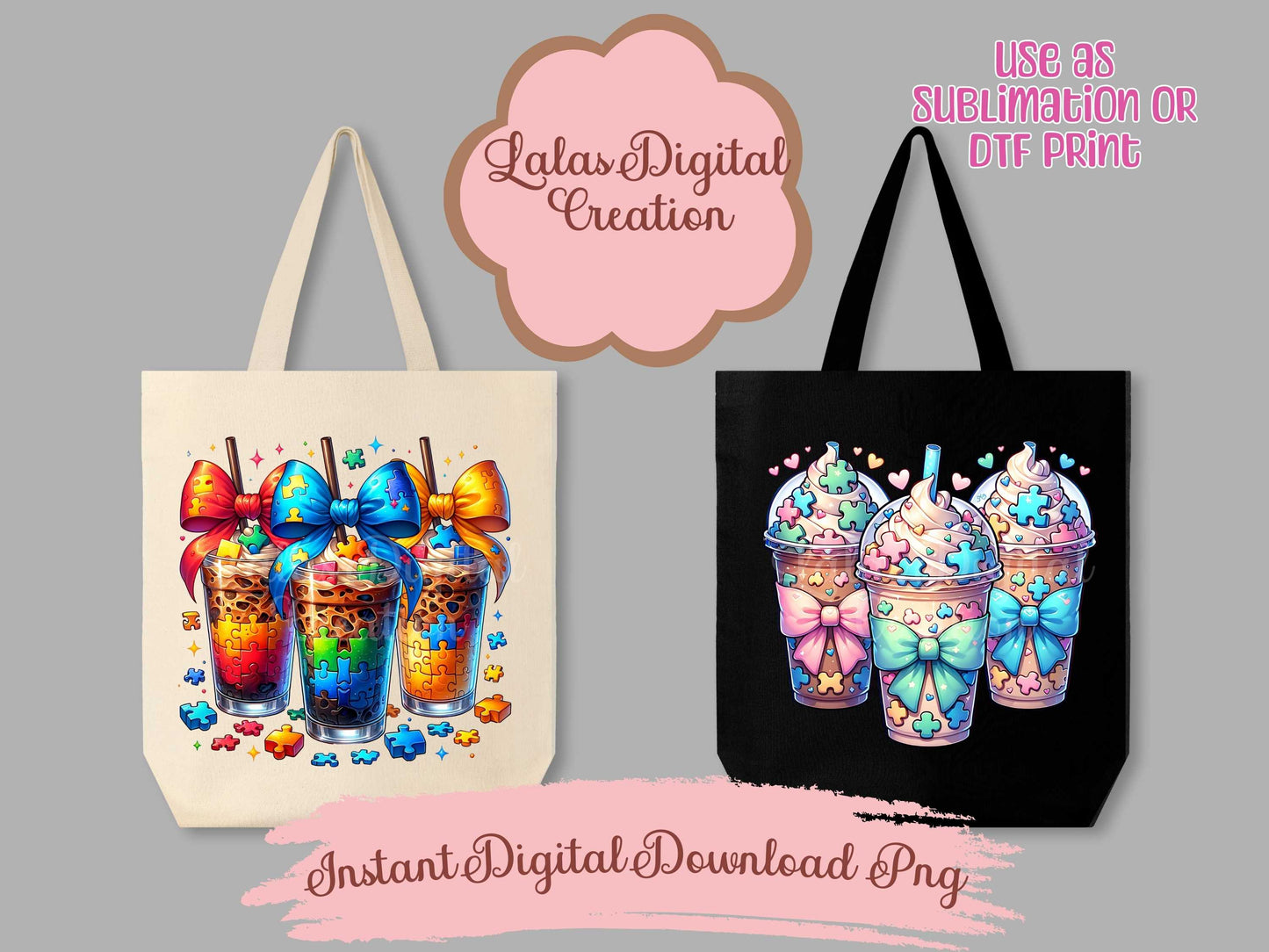 Autism Puzzle Iced Coffee Drink Coquette Bow Bundle Clipart PNG Instant Digital Download