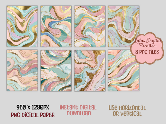 Pastel Colors and Gold Marble Digital Pattern Paper Bundle
