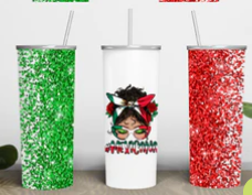 Messy Mom Bun Mexico Flag Sparkle Stainless Steel Tumbler Cup