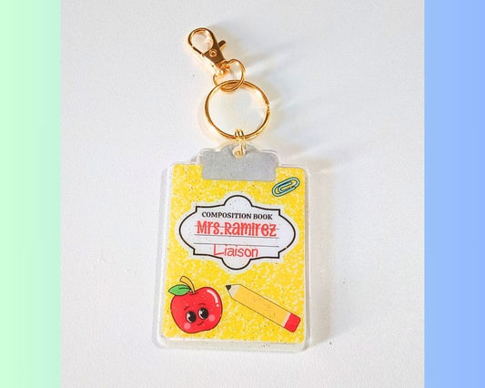 CUSTOM Composition Book Clipboard Resin Acrylic Keychain