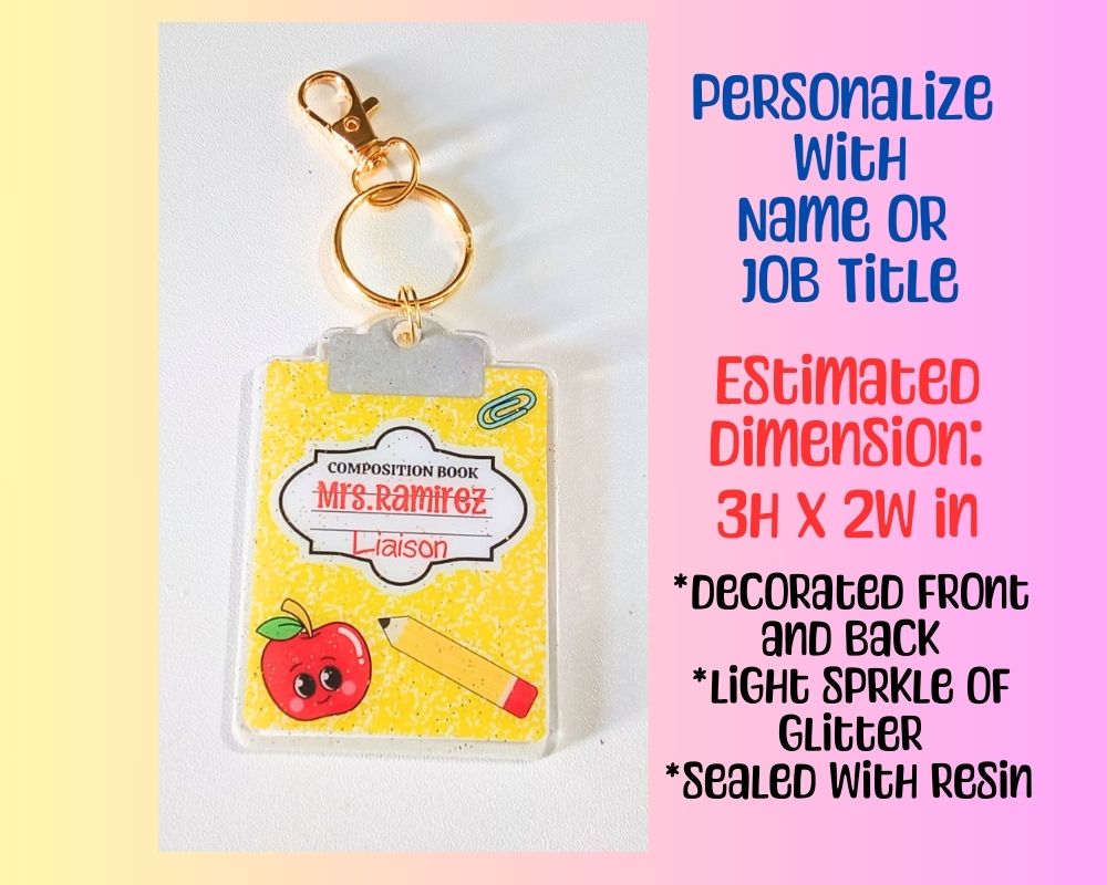 CUSTOM Composition Book Clipboard Resin Acrylic Keychain