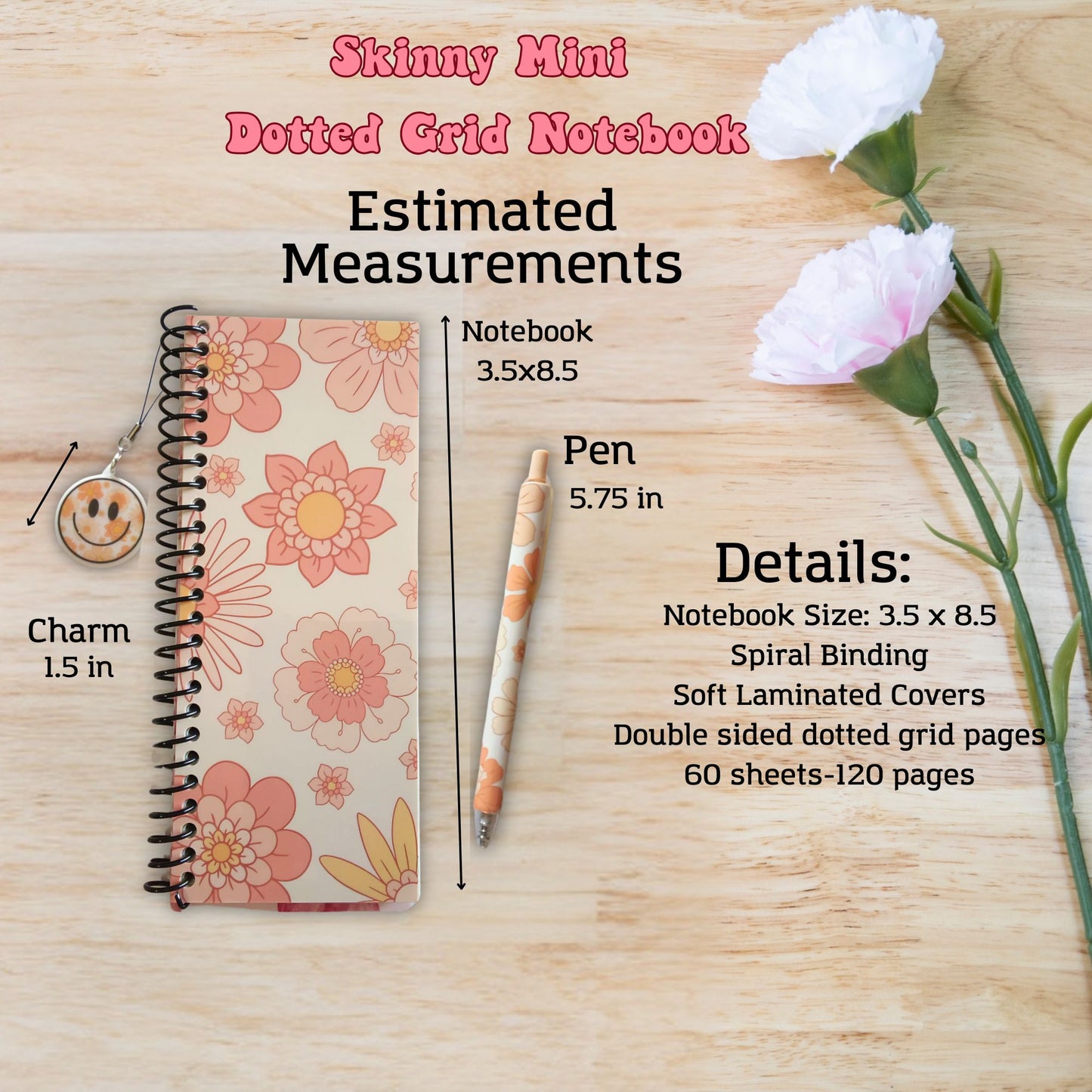 Retro Flowers Skinny Mini Dot Grid Spiral Notebook Gift Set