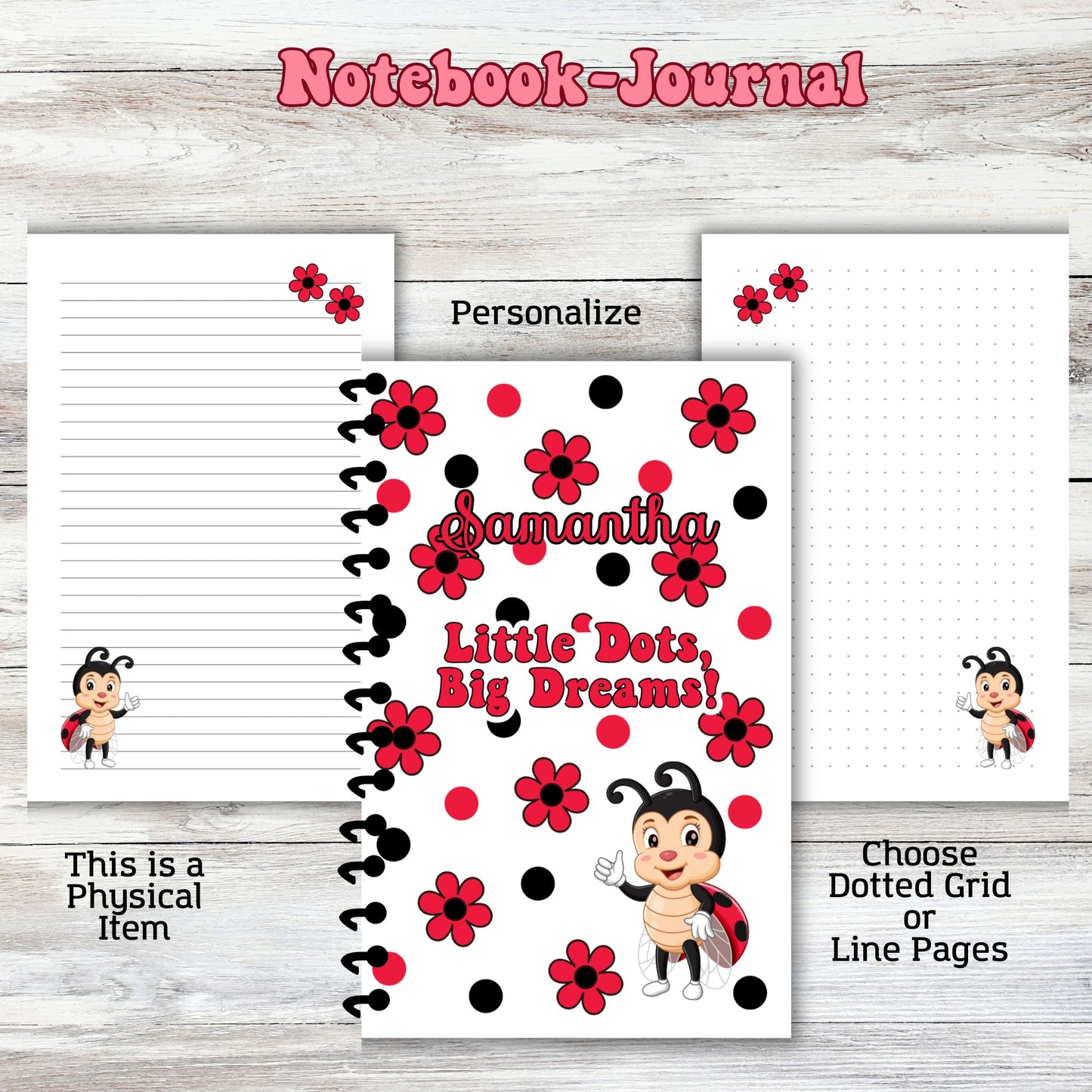 Ladybug Notebook Journal Dotted Grid or Lined pages