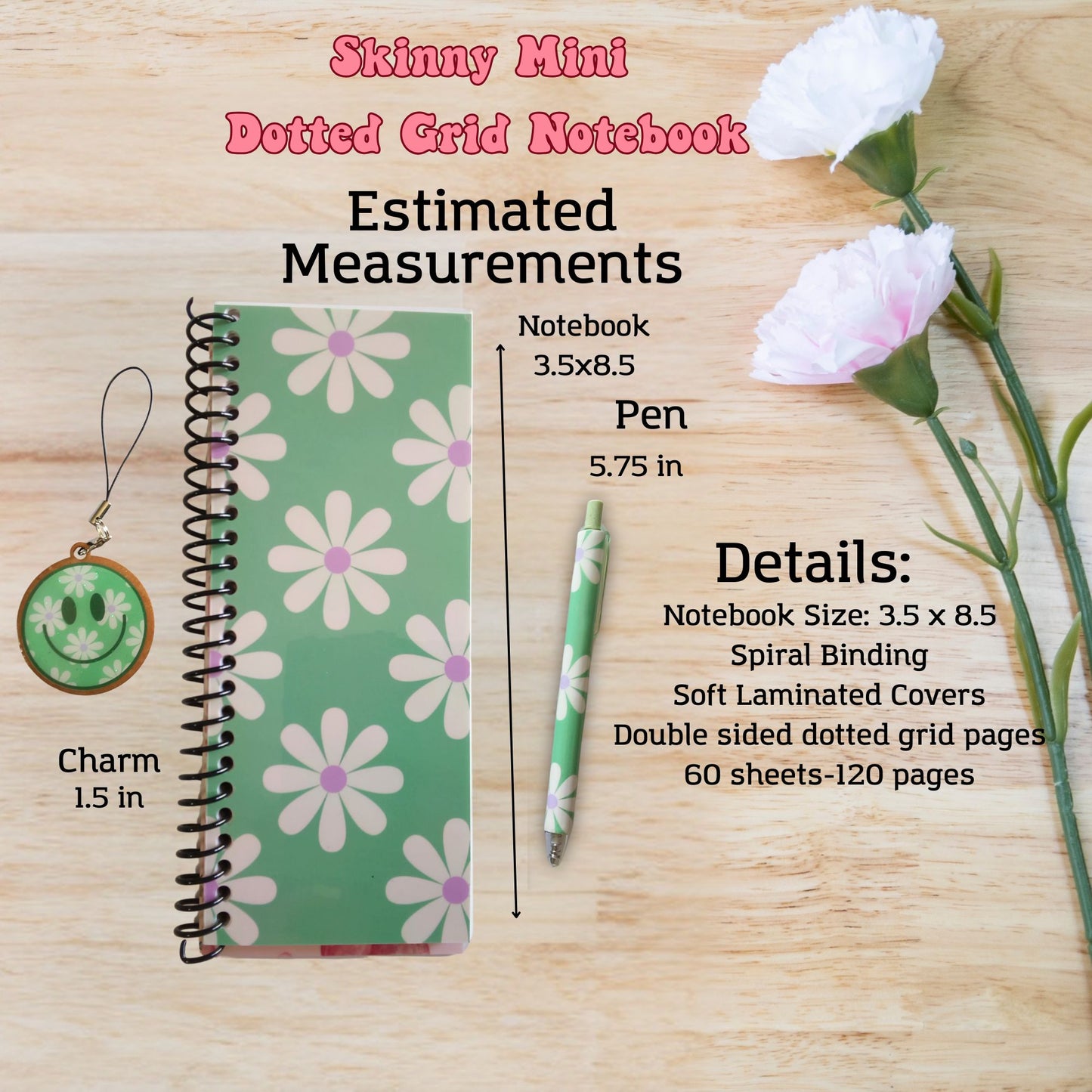 Daisy Flower Skinny Mini Dot Grid Spiral Notebook Gift Set