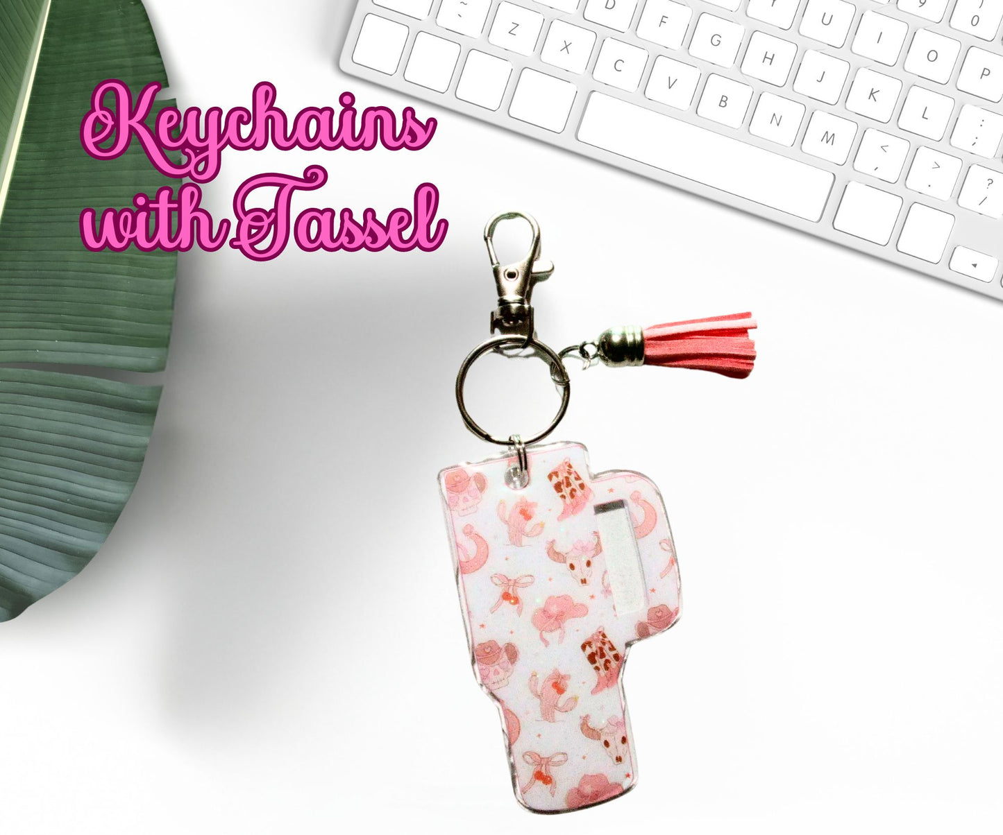 Tumbler Cup Keychain Western Pink CowGirl Glitter Resin with Tassel Keychain-Novelty Keychain-Resin Acrylic Keychain-With Tassel Keychain