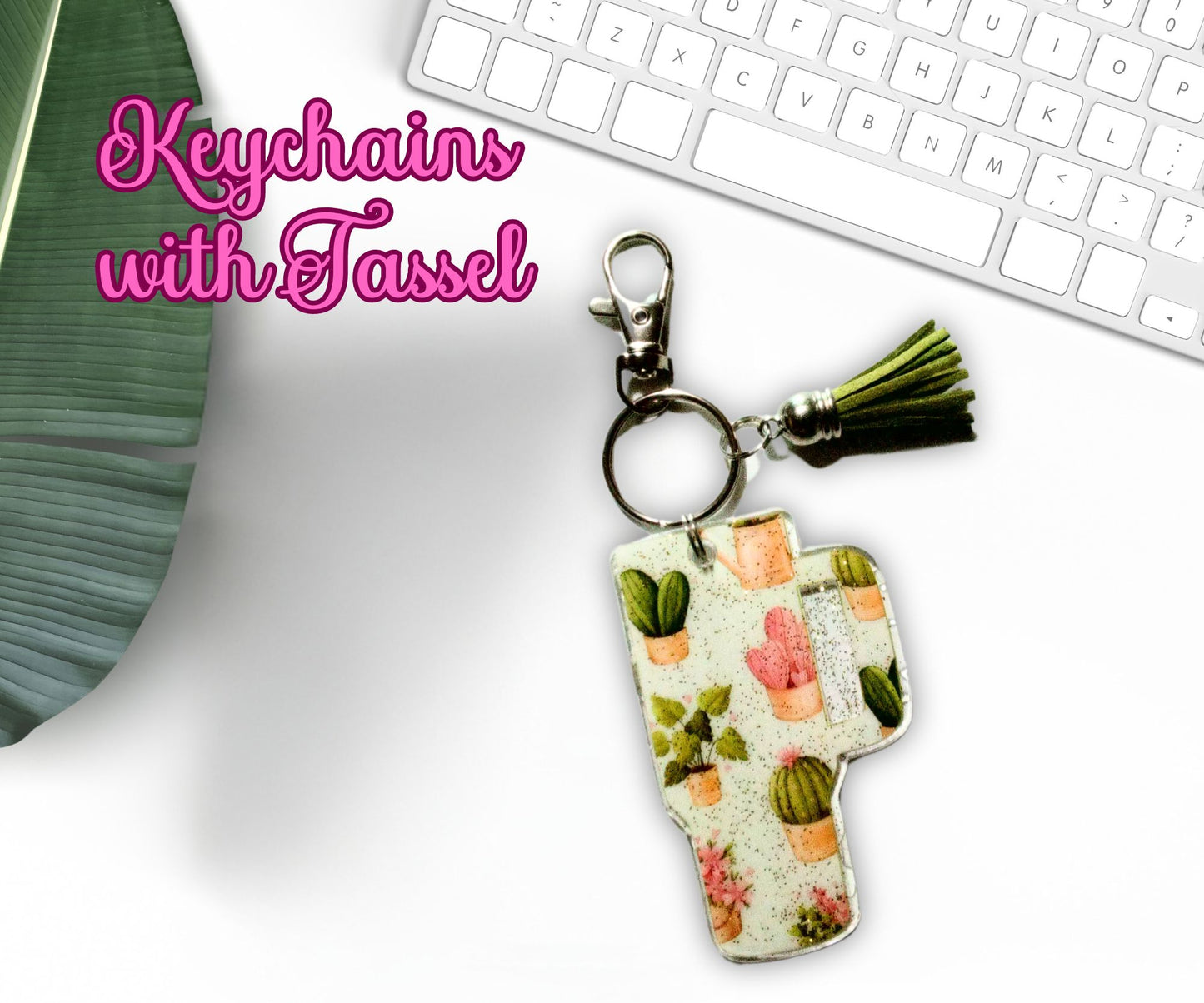 Tumbler Cup Keychain Succulent Cactus Glitter Resin with Tassel Keychain-Novelty Keychain-Resin Acrylic Keychain-With Tassel Keychain