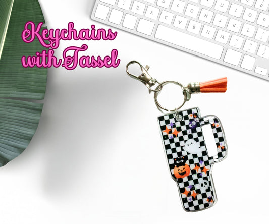 Tumbler Cup Keychain Halloween Checkered Ghost Glitter Resin with Tassel Keychain-Novelty Keychain-Resin Acrylic Keychain-Tassel Keychain