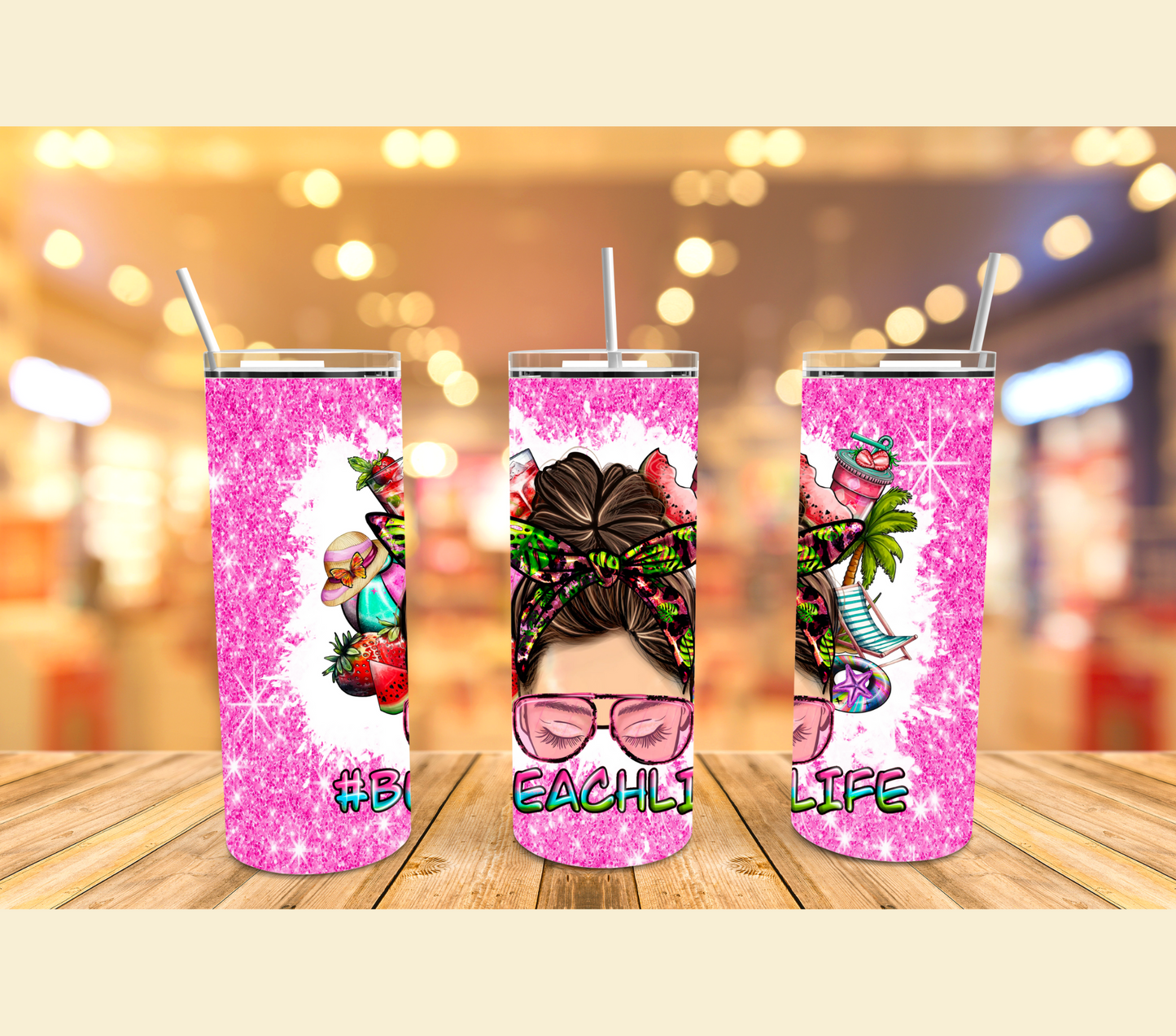 Beach Life Messy Mom Bun Pink Sparkle Stainless Steel Tumbler Cup